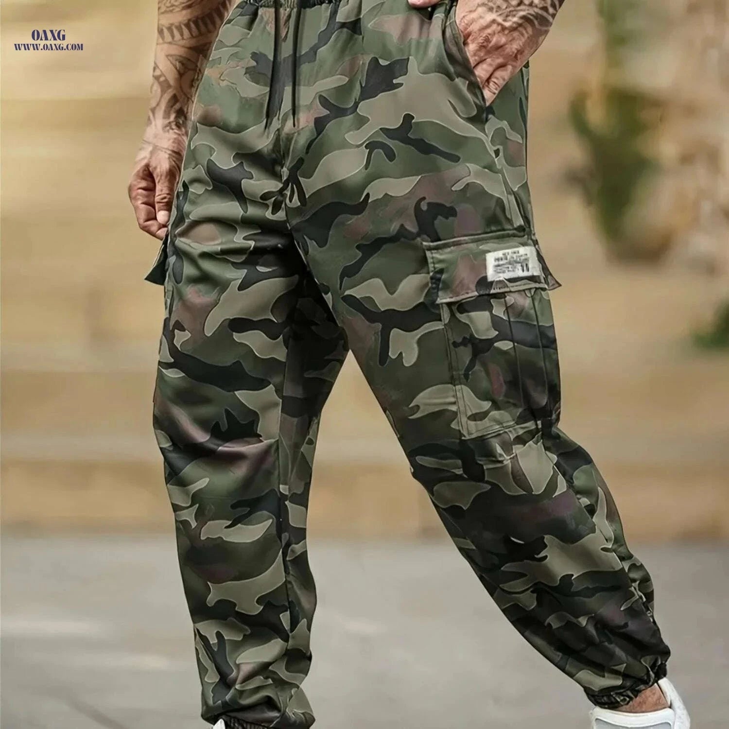 Men's Slim-Fit Camouflage Utility Pants - Adjustable Waist, Multi-Pockets   OAXG Camouflage Khaki / M