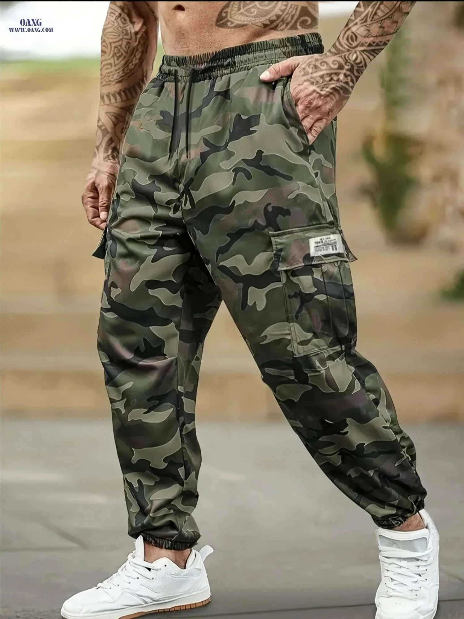 Men's Slim-Fit Camouflage Utility Pants - Adjustable Waist, Multi-Pockets   OAXG Camouflage Khaki / M