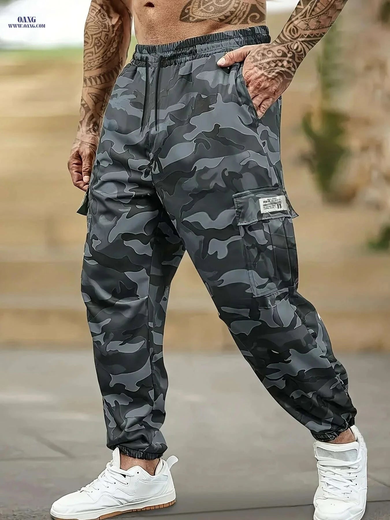 Men's Slim-Fit Camouflage Utility Pants - Adjustable Waist, Multi-Pockets   OAXG Camouflage Khaki / M