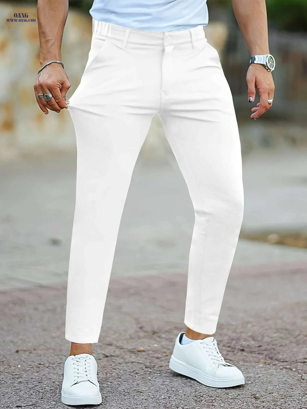 Men’s Slim Fit Casual Pants - Versatile Solid Color Design   OAXG White / S