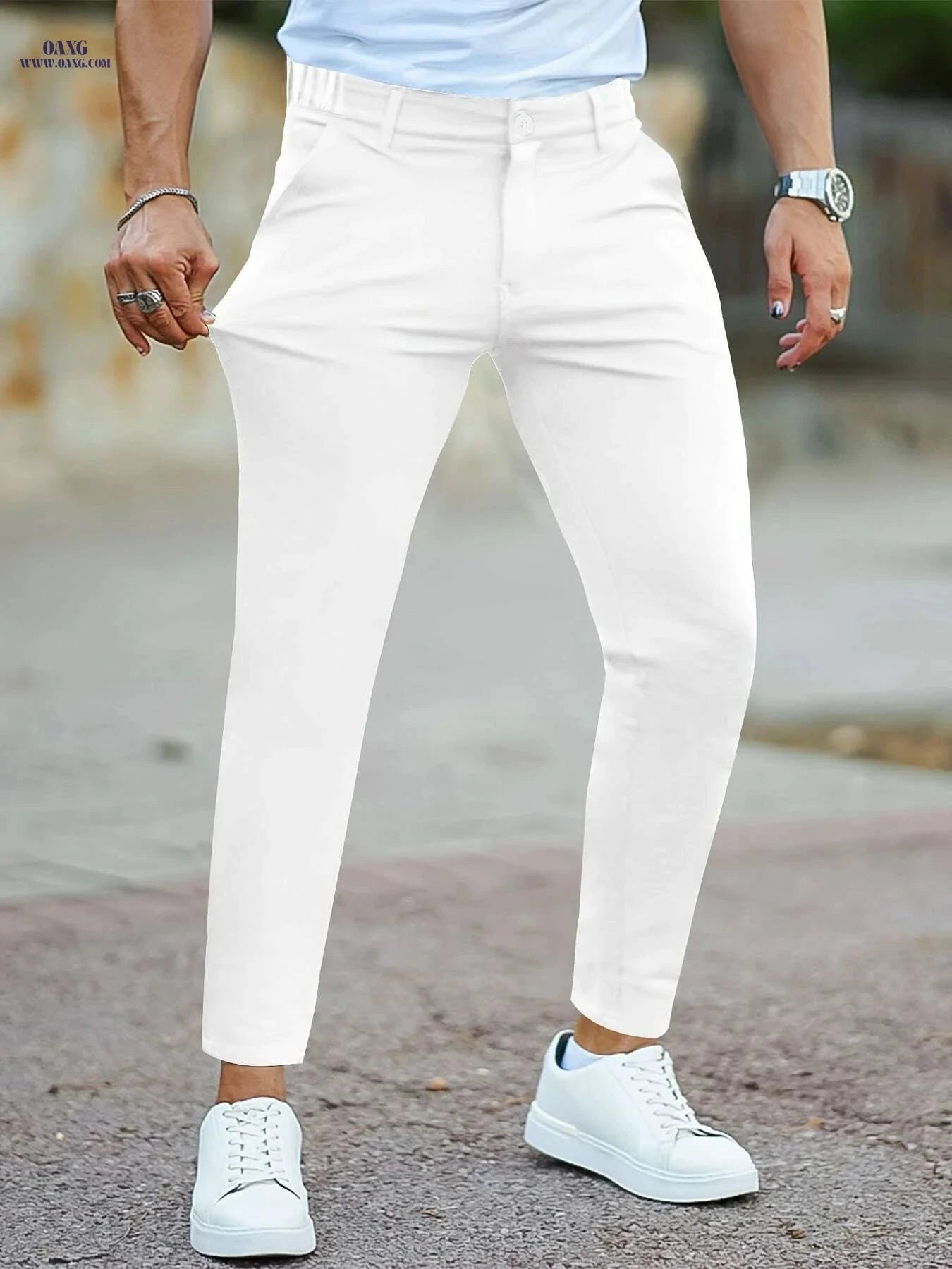 Men’s Slim Fit Casual Pants - Versatile Solid Color Design   OAXG White / S