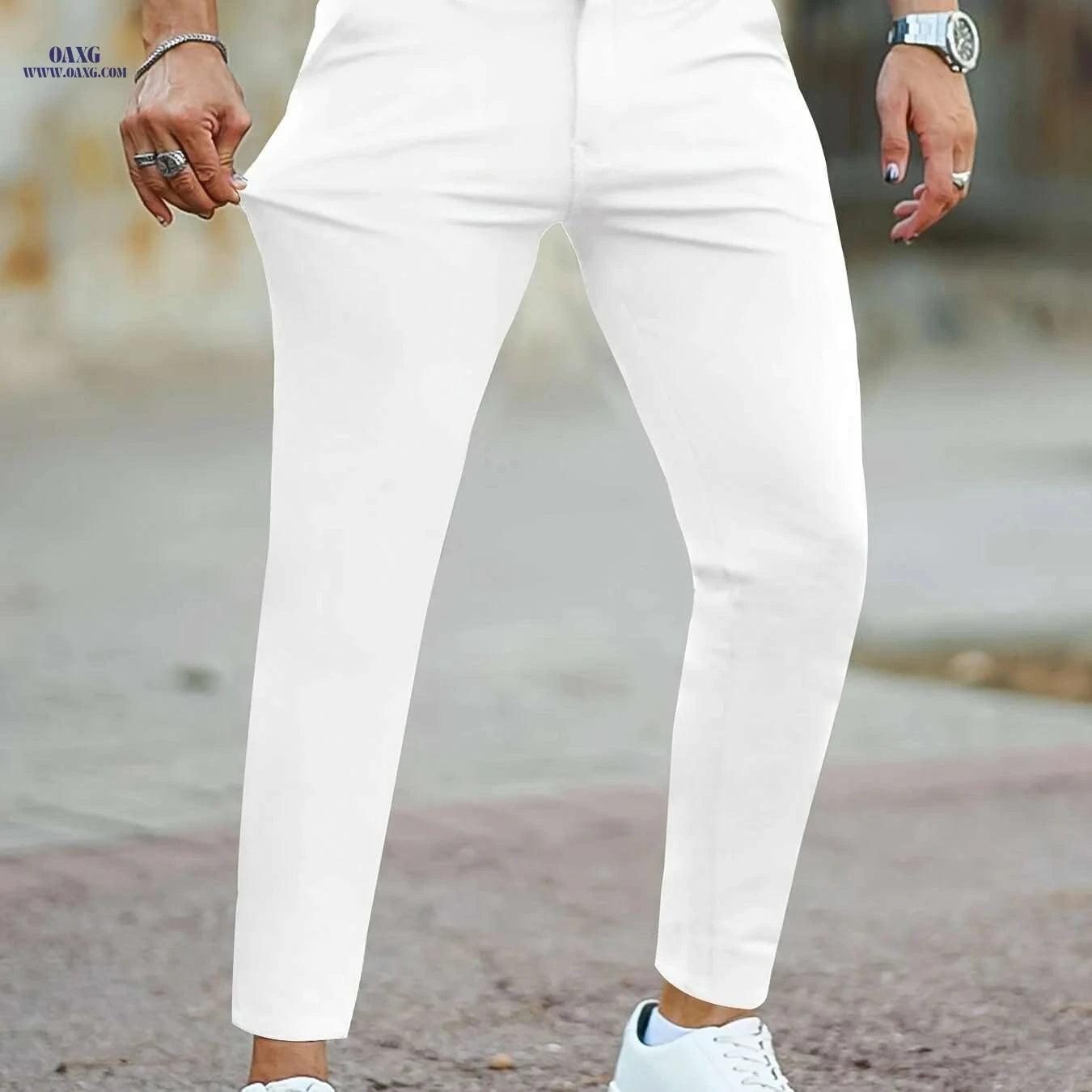Men’s Slim Fit Casual Pants - Versatile Solid Color Design   OAXG White / S