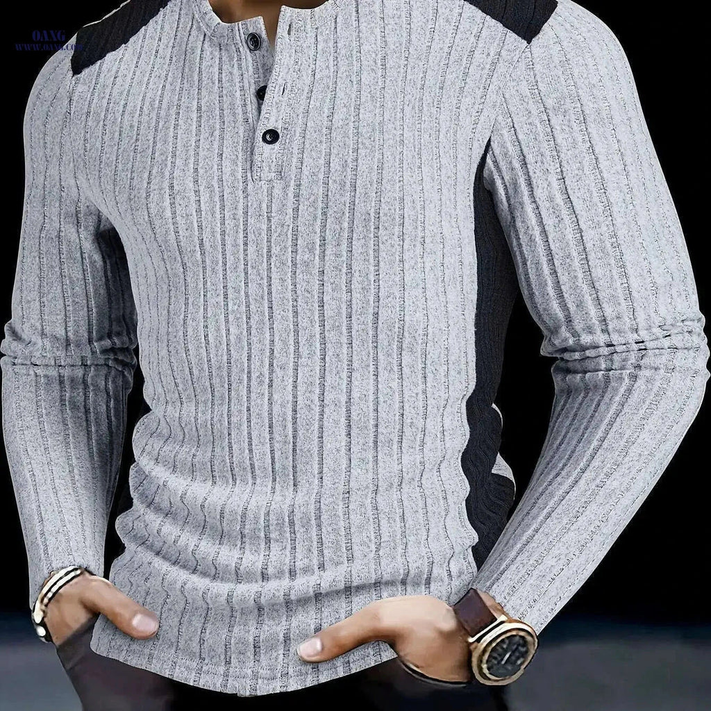 Men's Slim-Fit Color Block Henley Shirt - Casual Long Sleeve Top   OAXG Light Grey / S