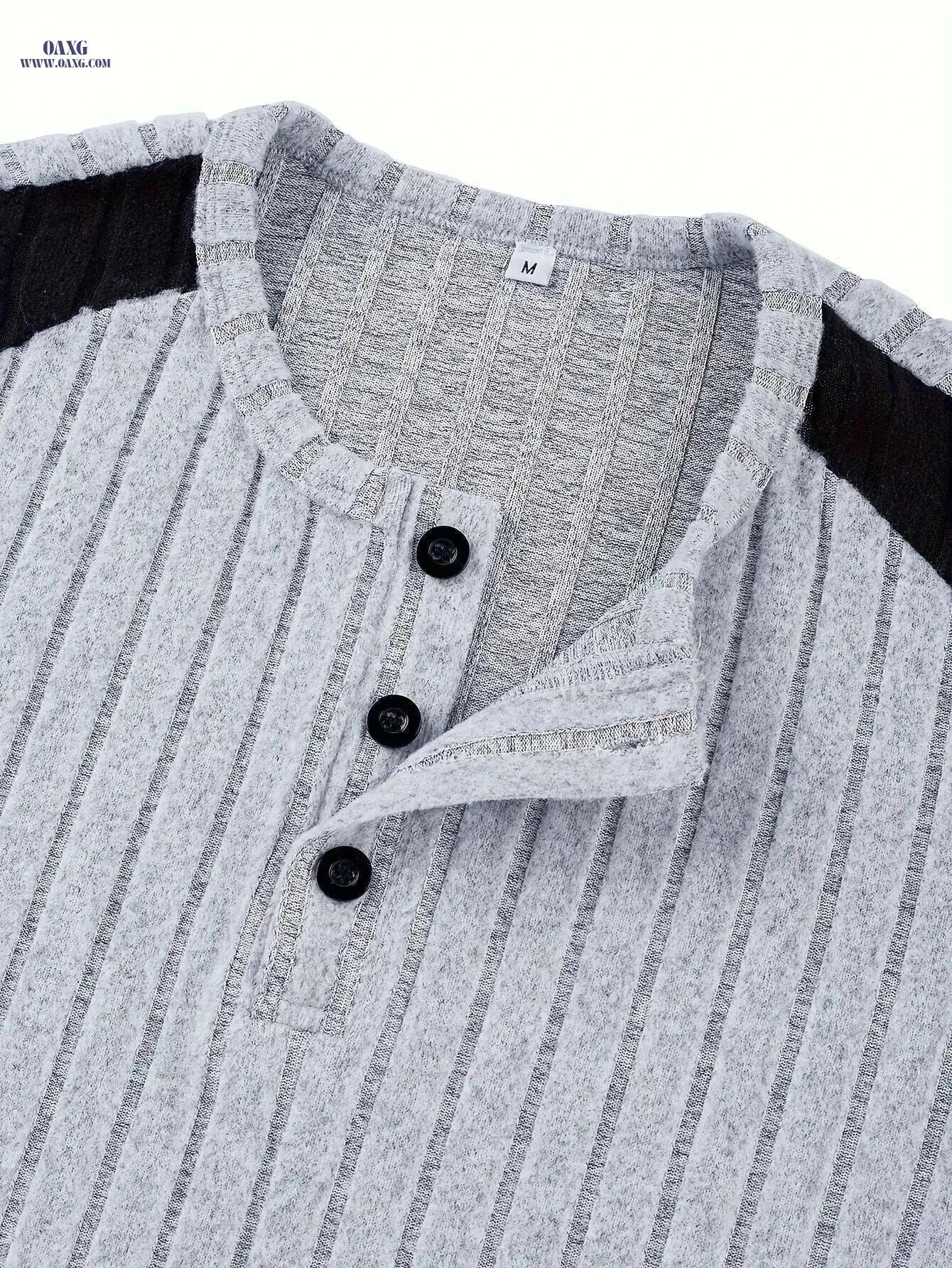 Men's Slim-Fit Color Block Henley Shirt - Casual Long Sleeve Top   OAXG Light Grey / S