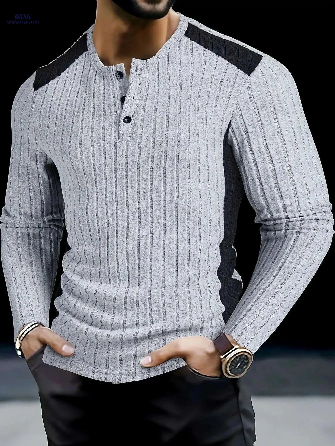 Men's Slim-Fit Color Block Henley Shirt - Casual Long Sleeve Top   OAXG Light Grey / S