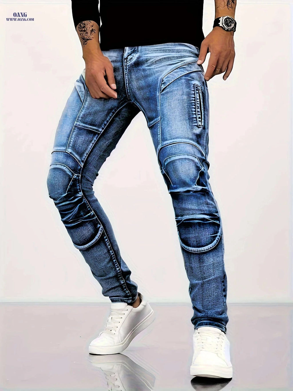 Men's Slim Fit Deep Blue Denim Jeans - Stretch Fabric, Zipper Pockets   OAXG 