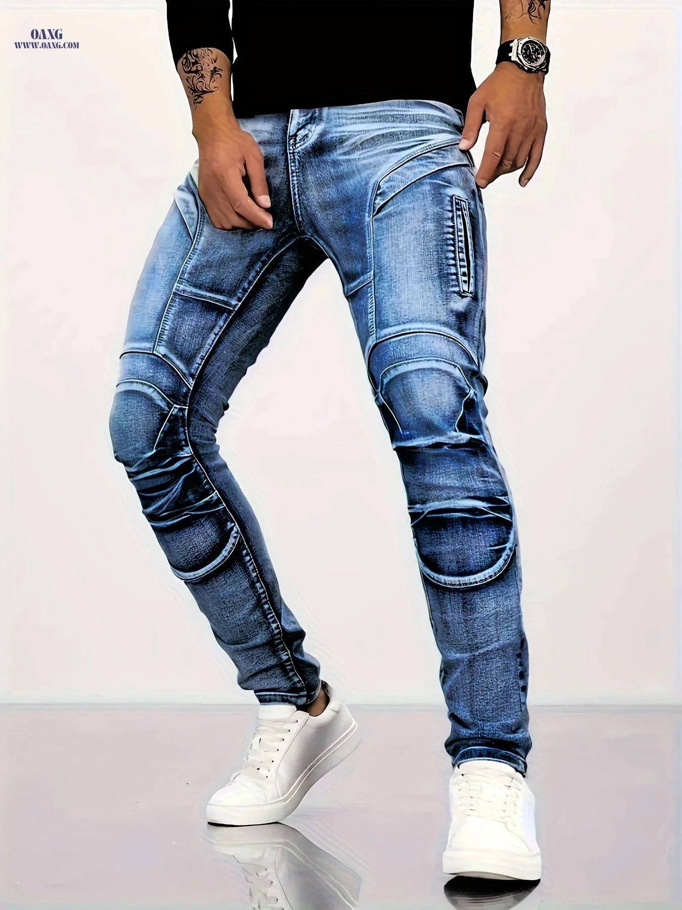 Men's Slim Fit Deep Blue Denim Jeans - Stretch Fabric, Zipper Pockets   OAXG 