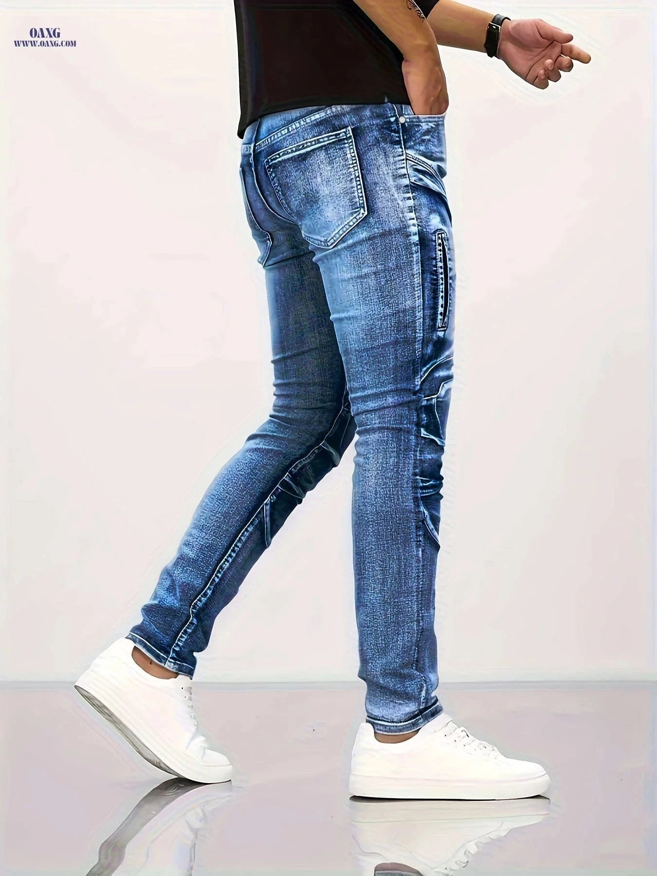 Men's Slim Fit Deep Blue Denim Jeans - Stretch Fabric, Zipper Pockets   OAXG Dark Blue / FR 34-36