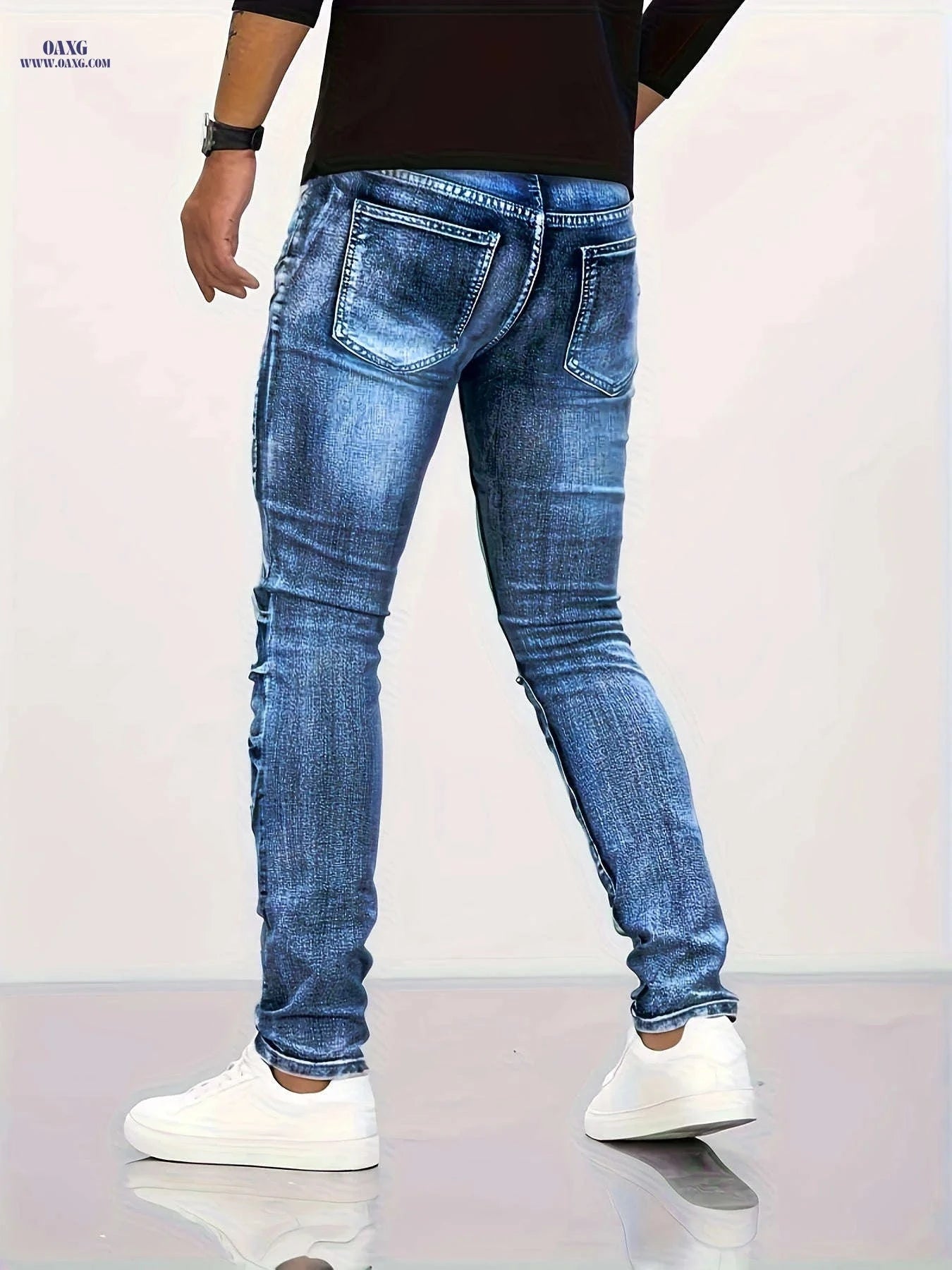 Men's Slim Fit Deep Blue Denim Jeans - Stretch Fabric, Zipper Pockets   OAXG Dark Blue / FR 34-36