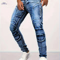 Men's Slim Fit Deep Blue Denim Jeans - Stretch Fabric, Zipper Pockets   OAXG 