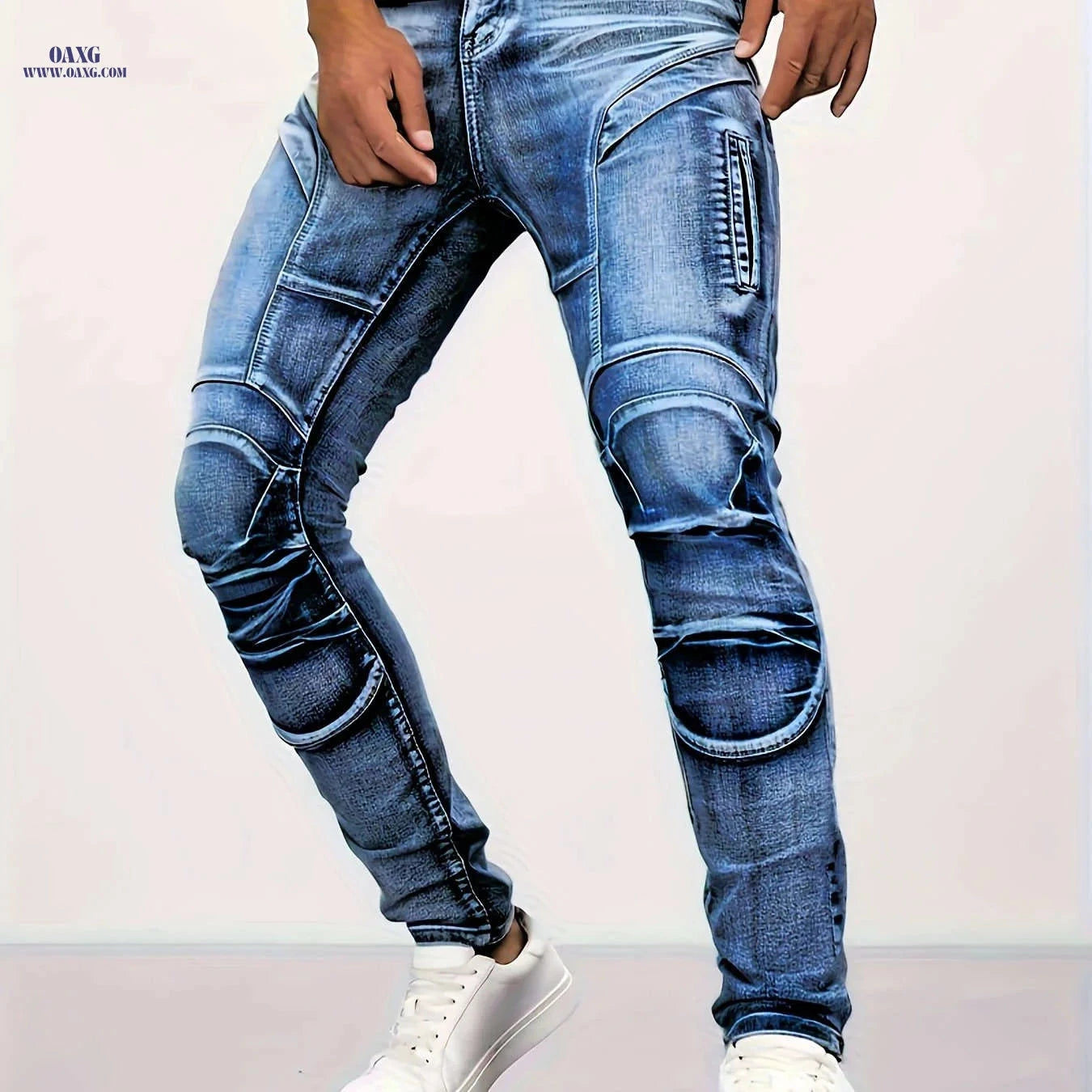 Men's Slim Fit Deep Blue Denim Jeans - Stretch Fabric, Zipper Pockets   OAXG 