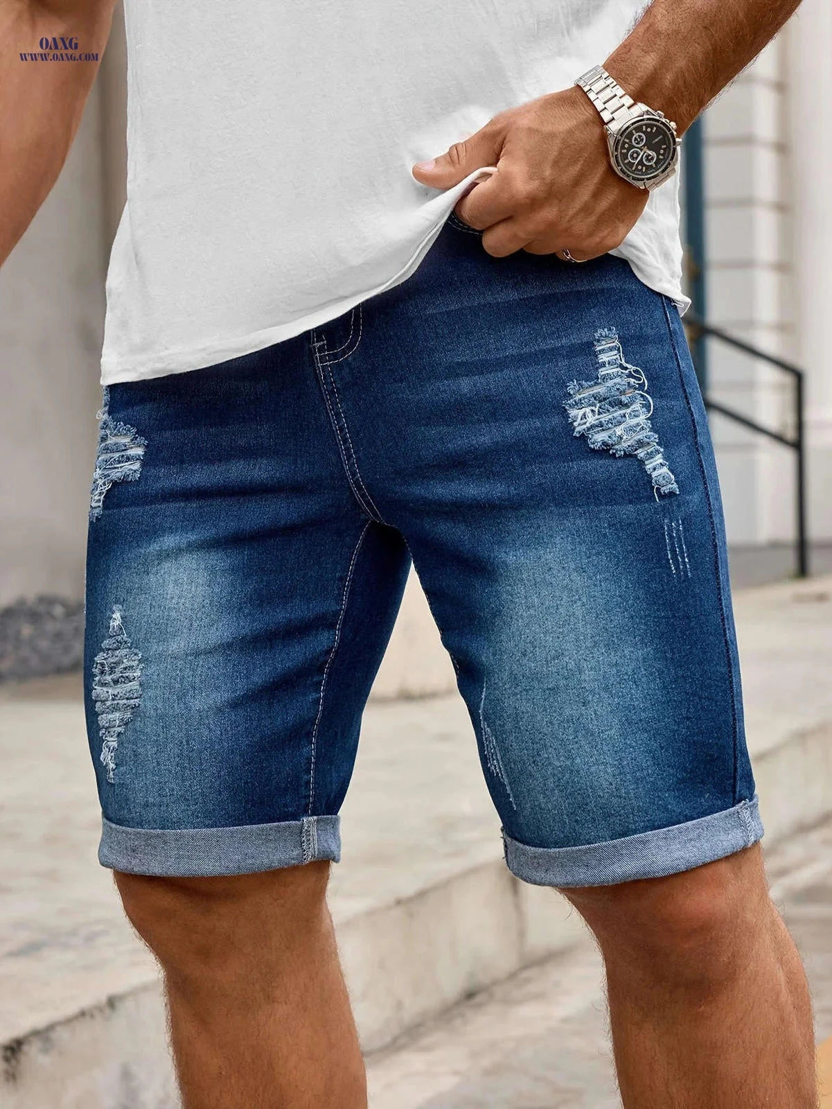 Men's Slim Fit Denim Shorts - Casual Knee High Cotton Blend   OAXG 