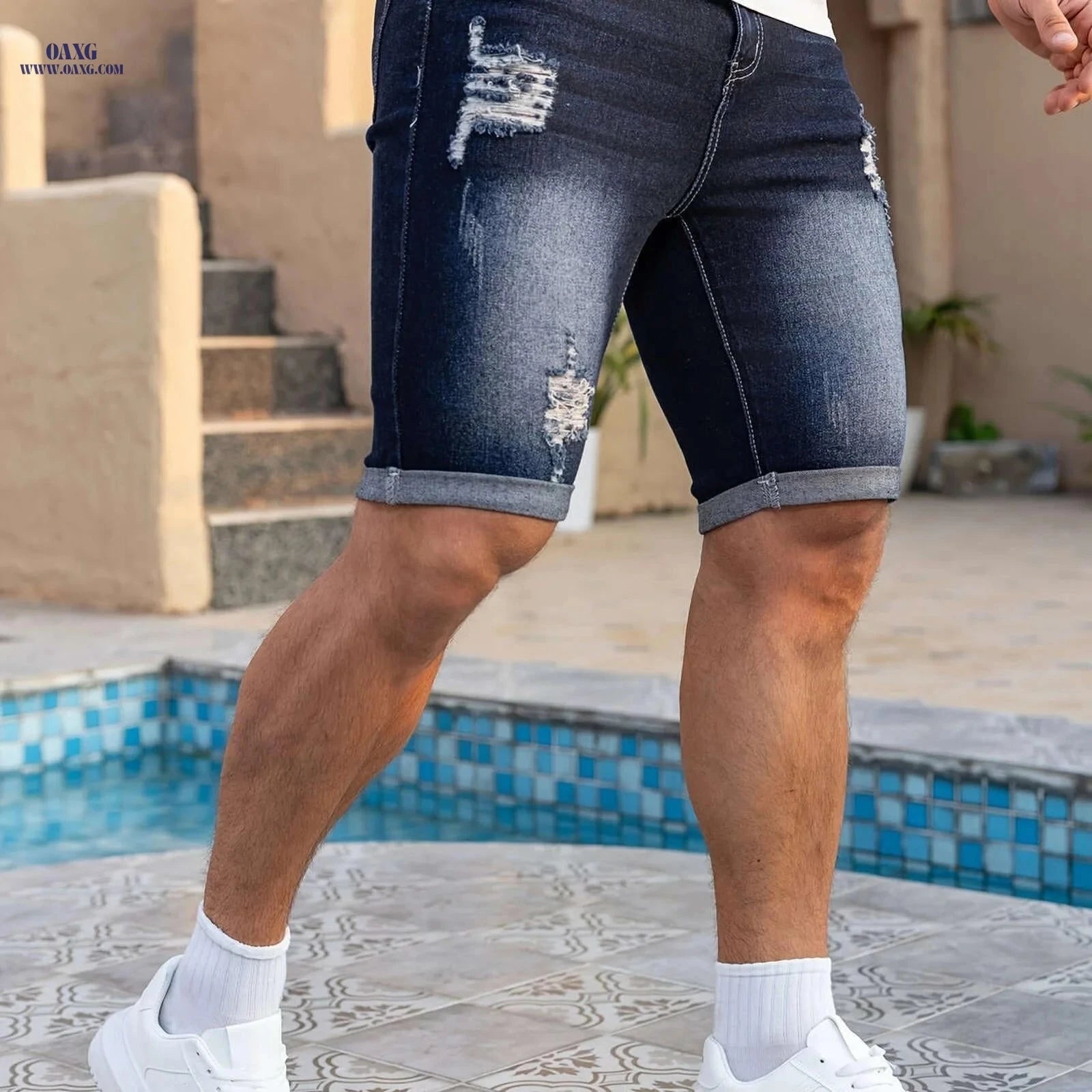 Men's Slim Fit Denim Shorts - Casual Knee High Cotton Blend   OAXG 