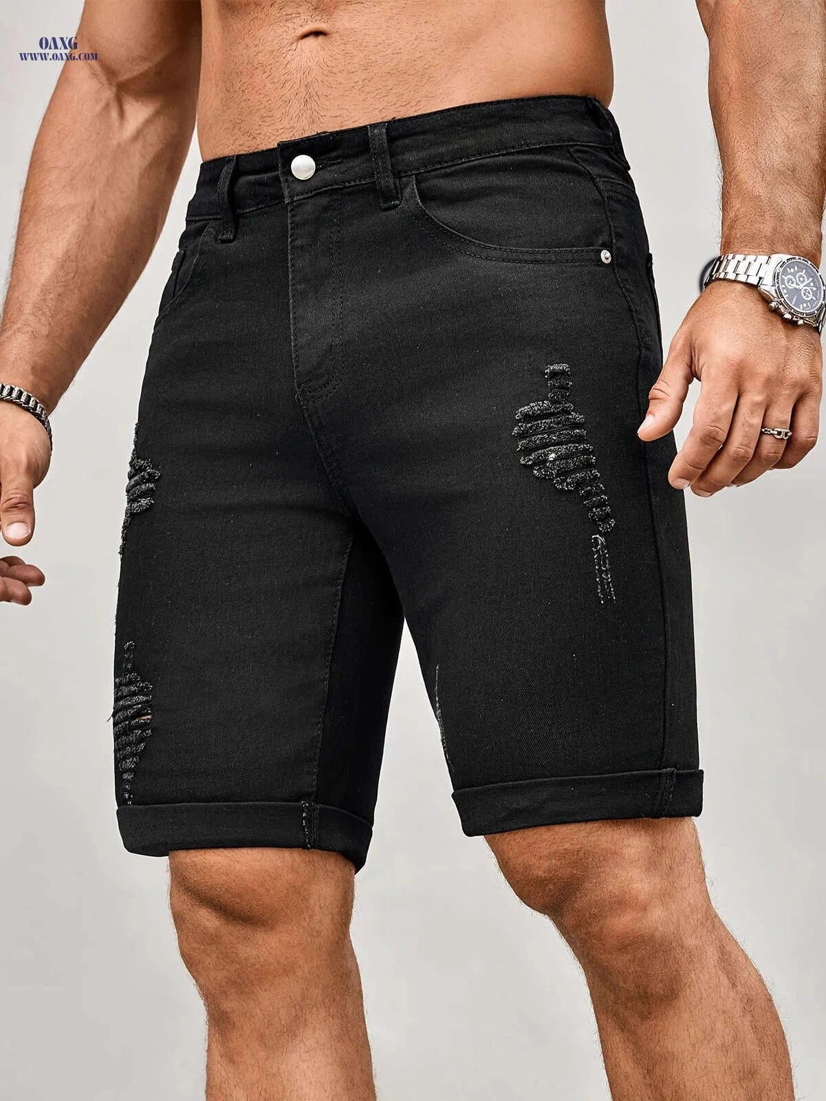 Men's Slim Fit Denim Shorts - Casual Knee High Cotton Blend   OAXG 