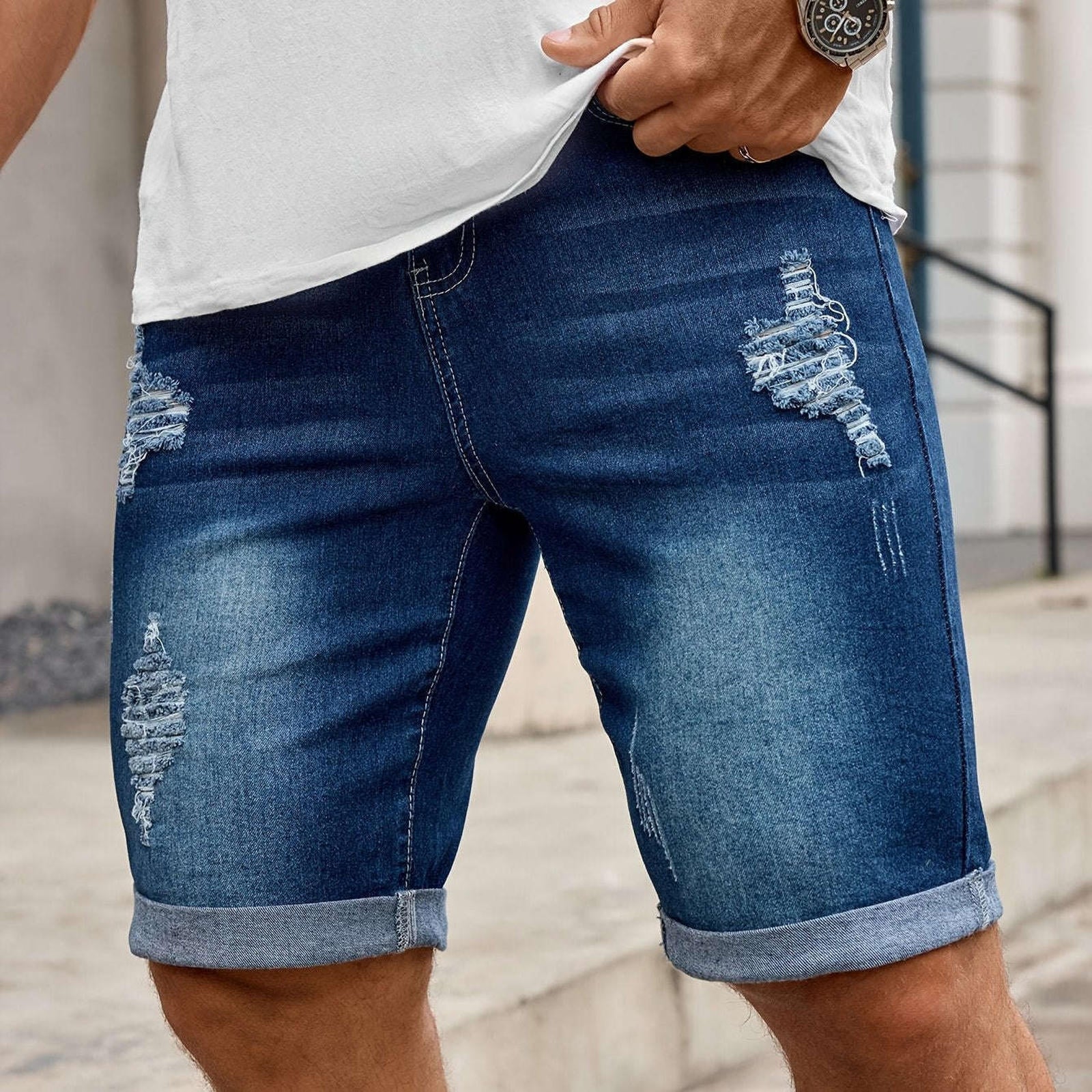 Men's Slim Fit Denim Shorts - Casual Knee High Cotton Blend   OAXG 