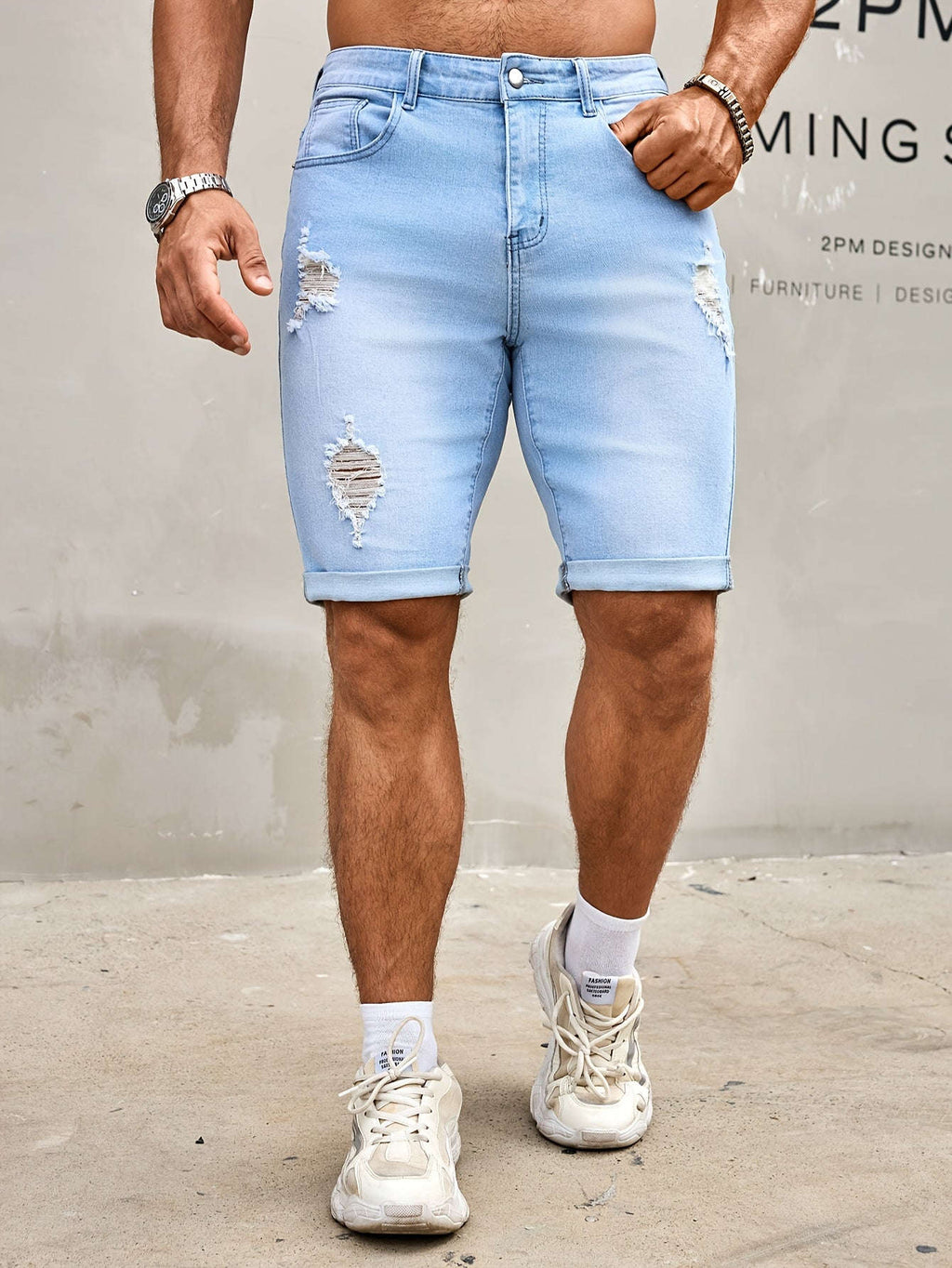 Men's Slim Fit Denim Shorts - Casual Knee High Cotton Blend   OAXG 