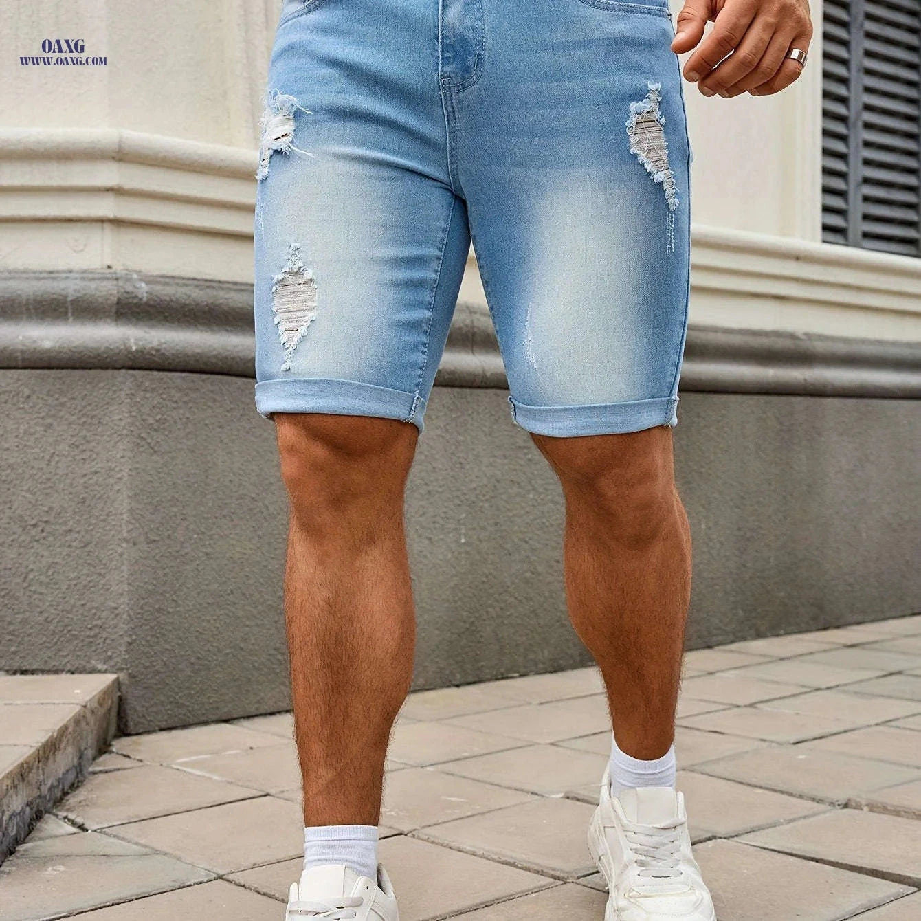 Men's Slim Fit Denim Shorts - Casual Knee High Cotton Blend   OAXG 