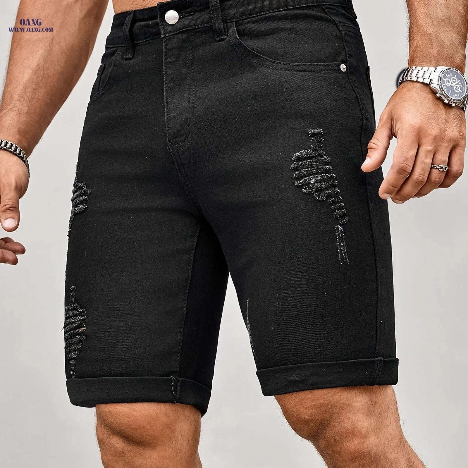 Men's Slim Fit Denim Shorts - Casual Knee High Cotton Blend   OAXG 