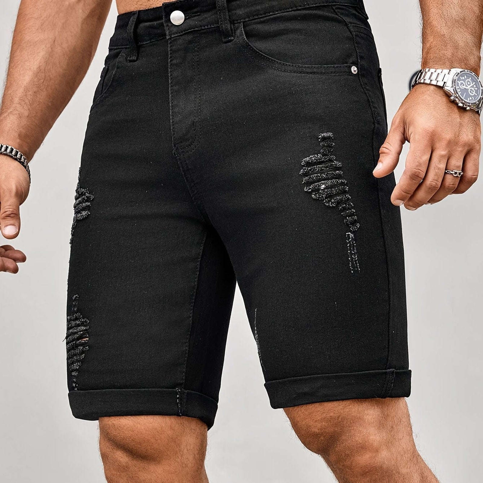 Men's Slim Fit Denim Shorts - Casual Knee High Cotton Blend   OAXG Blue / FR XS