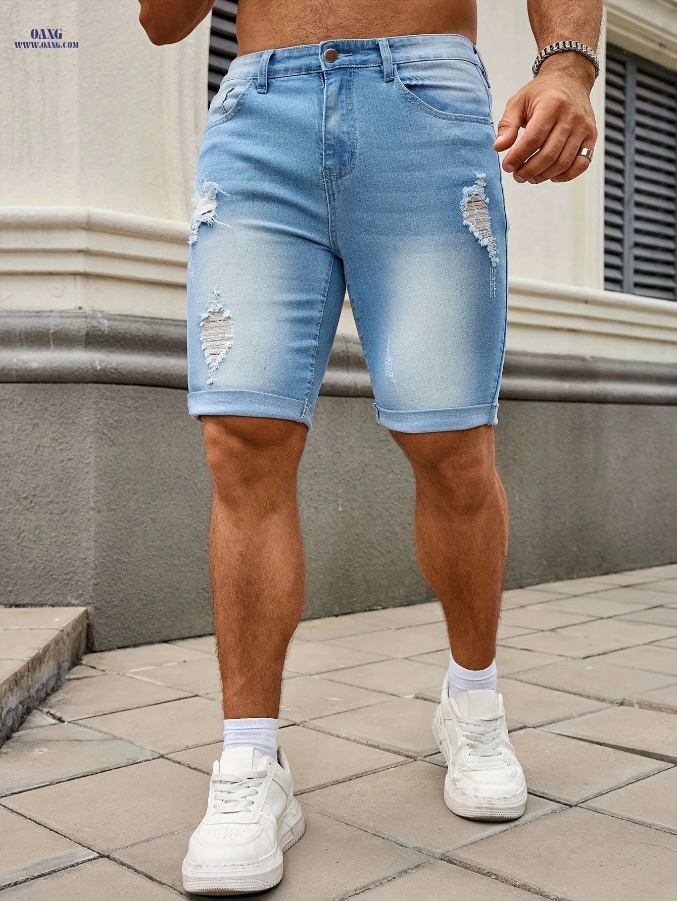 Men's Slim Fit Denim Shorts - Casual Knee High Cotton Blend   OAXG Blue / FR XS