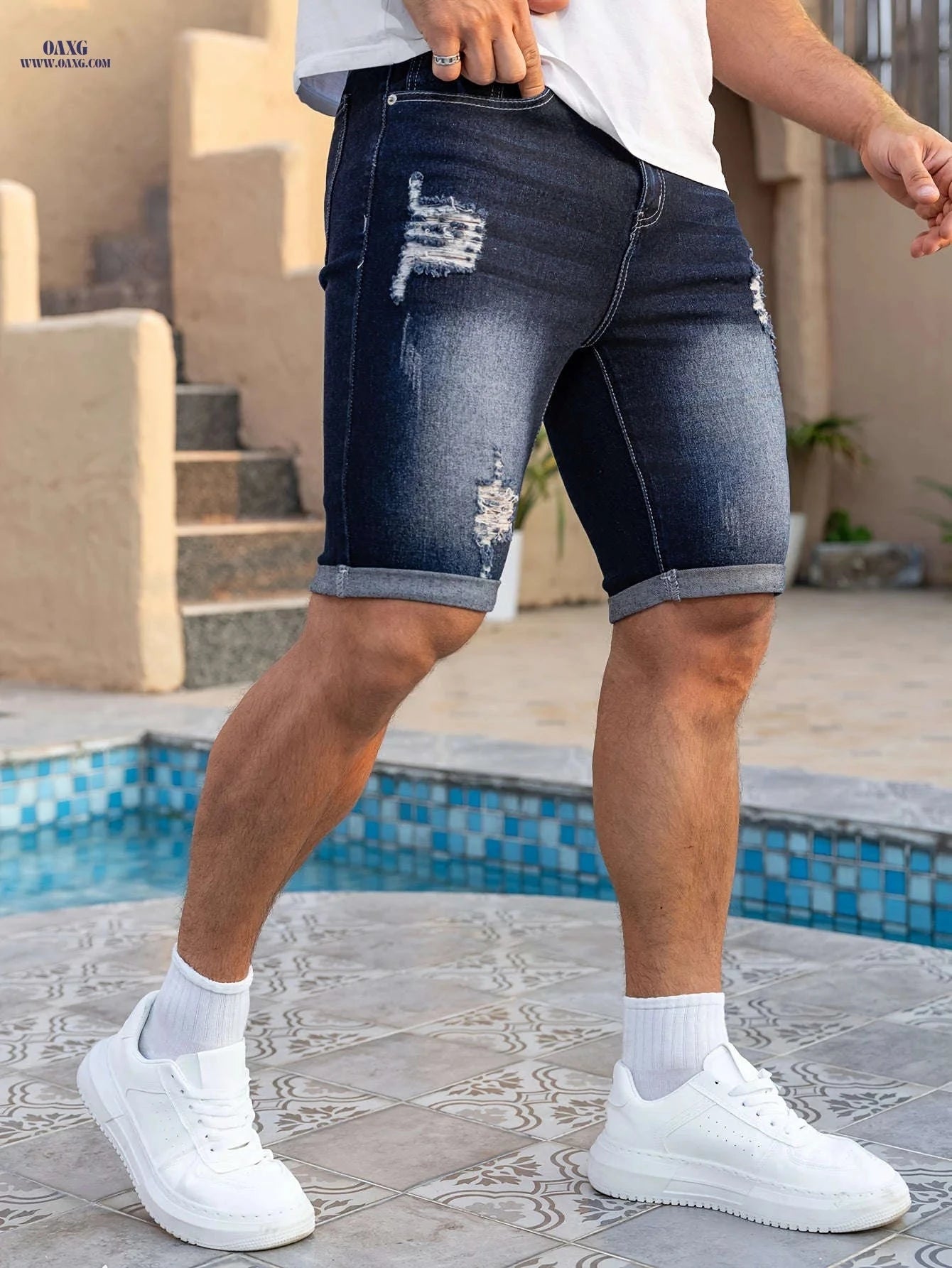 Men's Slim Fit Denim Shorts - Casual Knee High Cotton Blend   OAXG Blue / FR XS