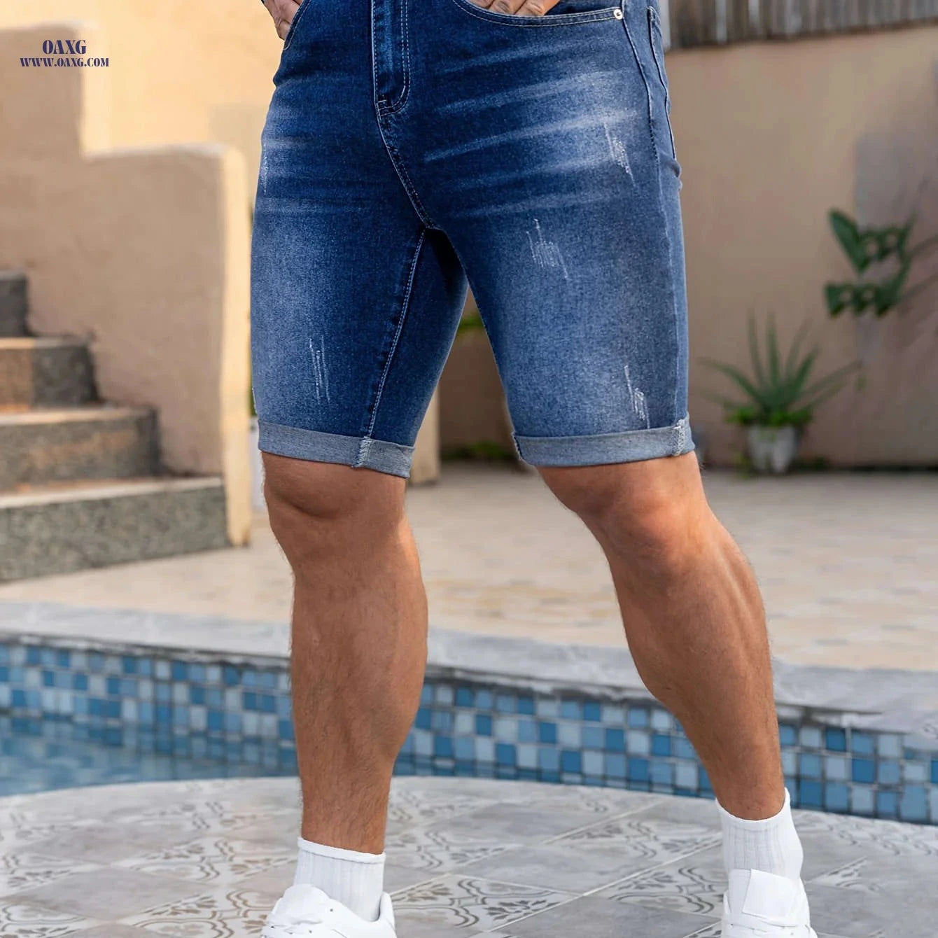 Men's Slim Fit Denim Shorts - Casual Knee High Cotton Blend   OAXG 
