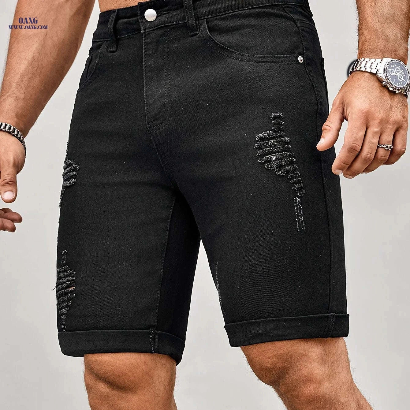 Men's Slim Fit Denim Shorts - Casual Knee High Cotton Blend   OAXG 