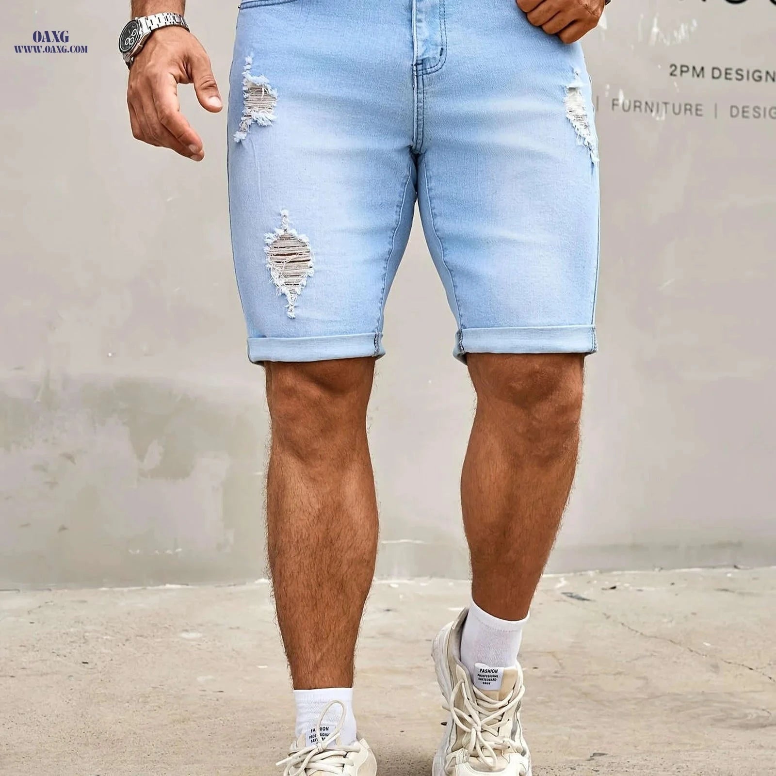 Men's Slim Fit Denim Shorts - Casual Knee High Cotton Blend   OAXG 