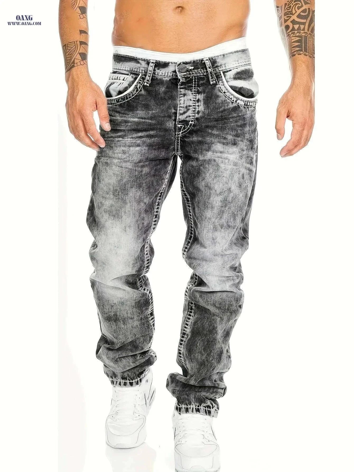 Men's Slim-Fit Distressed Jeans - All-Season Streetwear in Blue   OAXG Black / S