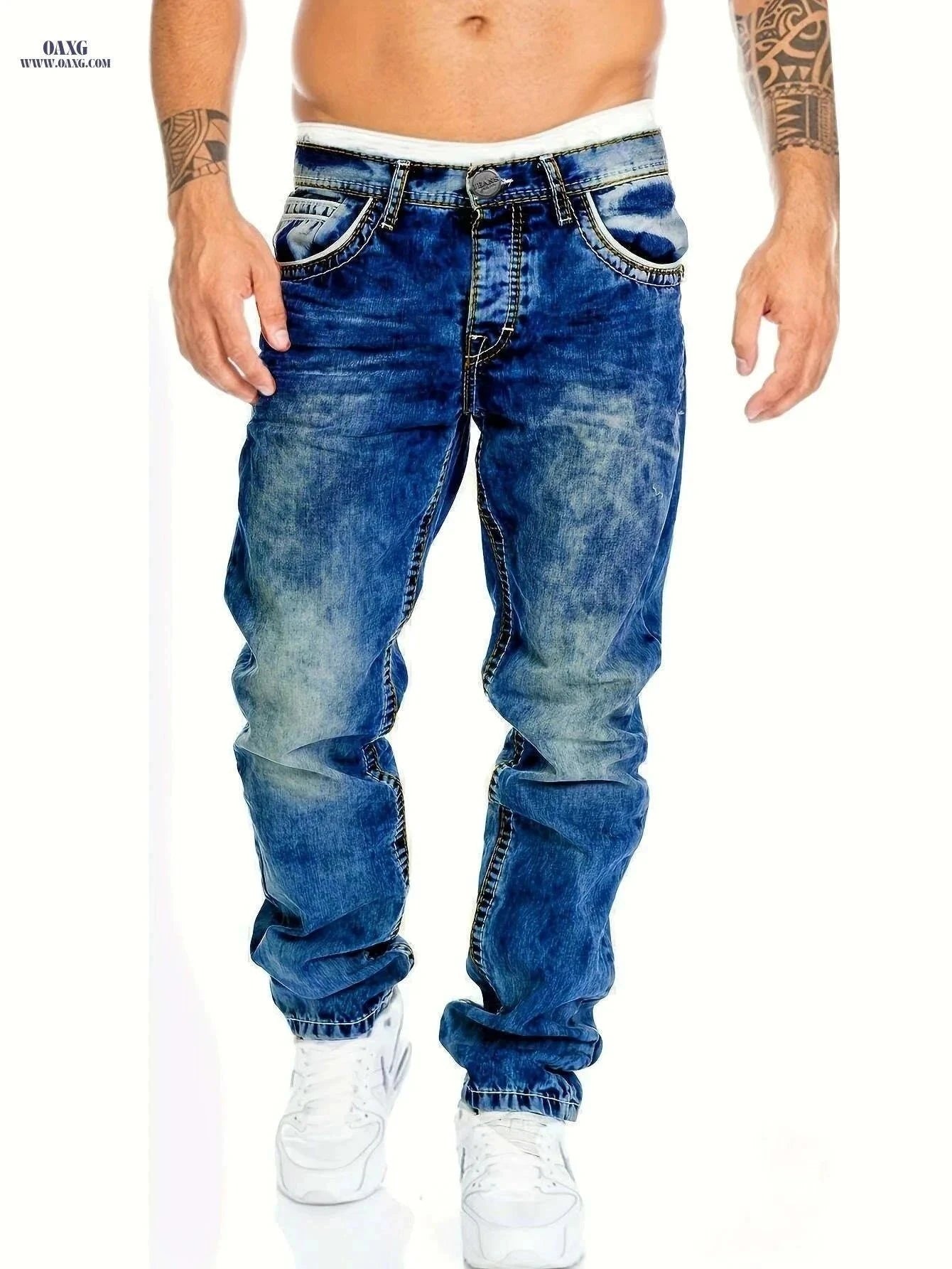 Men's Slim-Fit Distressed Jeans - All-Season Streetwear in Blue   OAXG Black / S