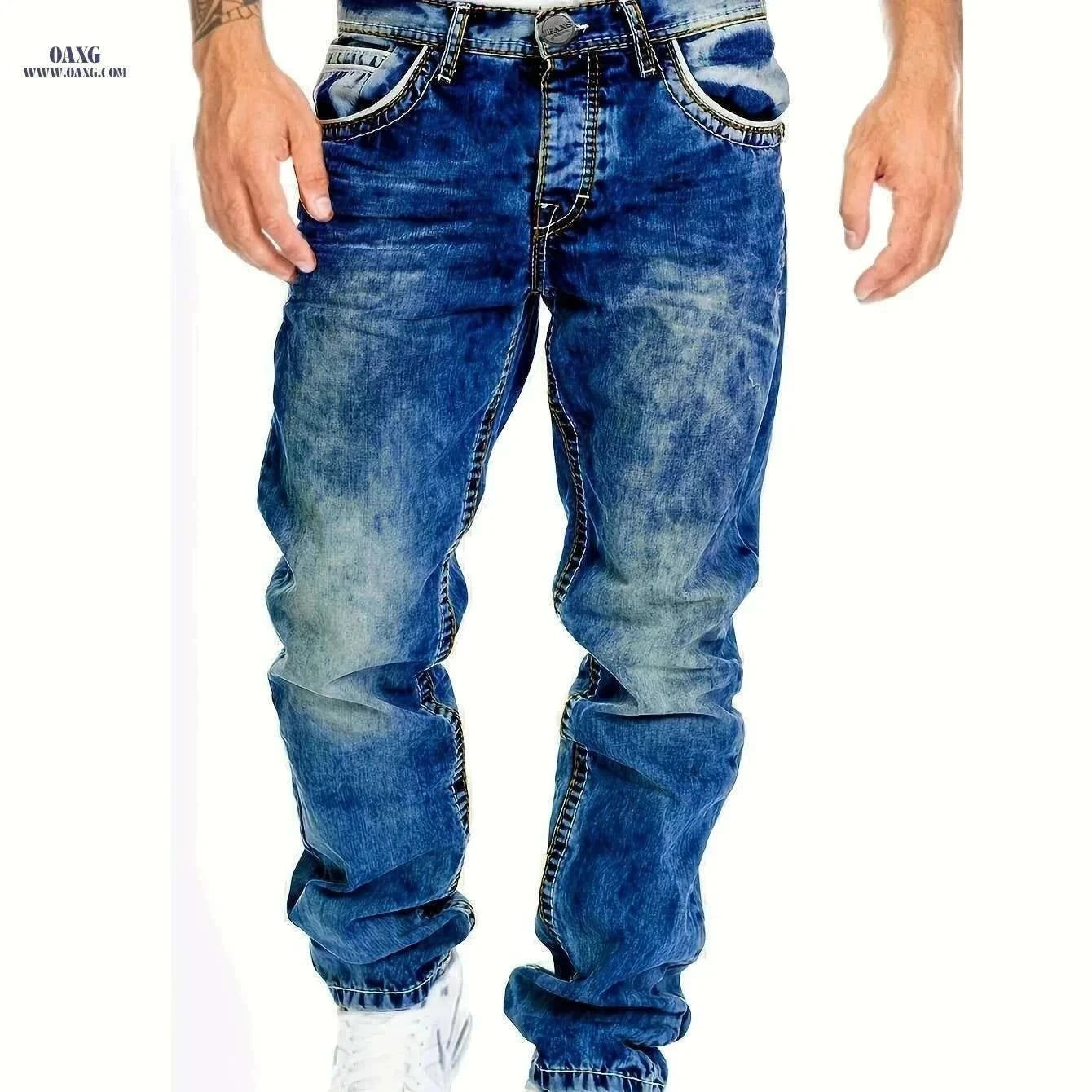 Men's Slim-Fit Distressed Jeans - All-Season Streetwear in Blue   OAXG Black / S