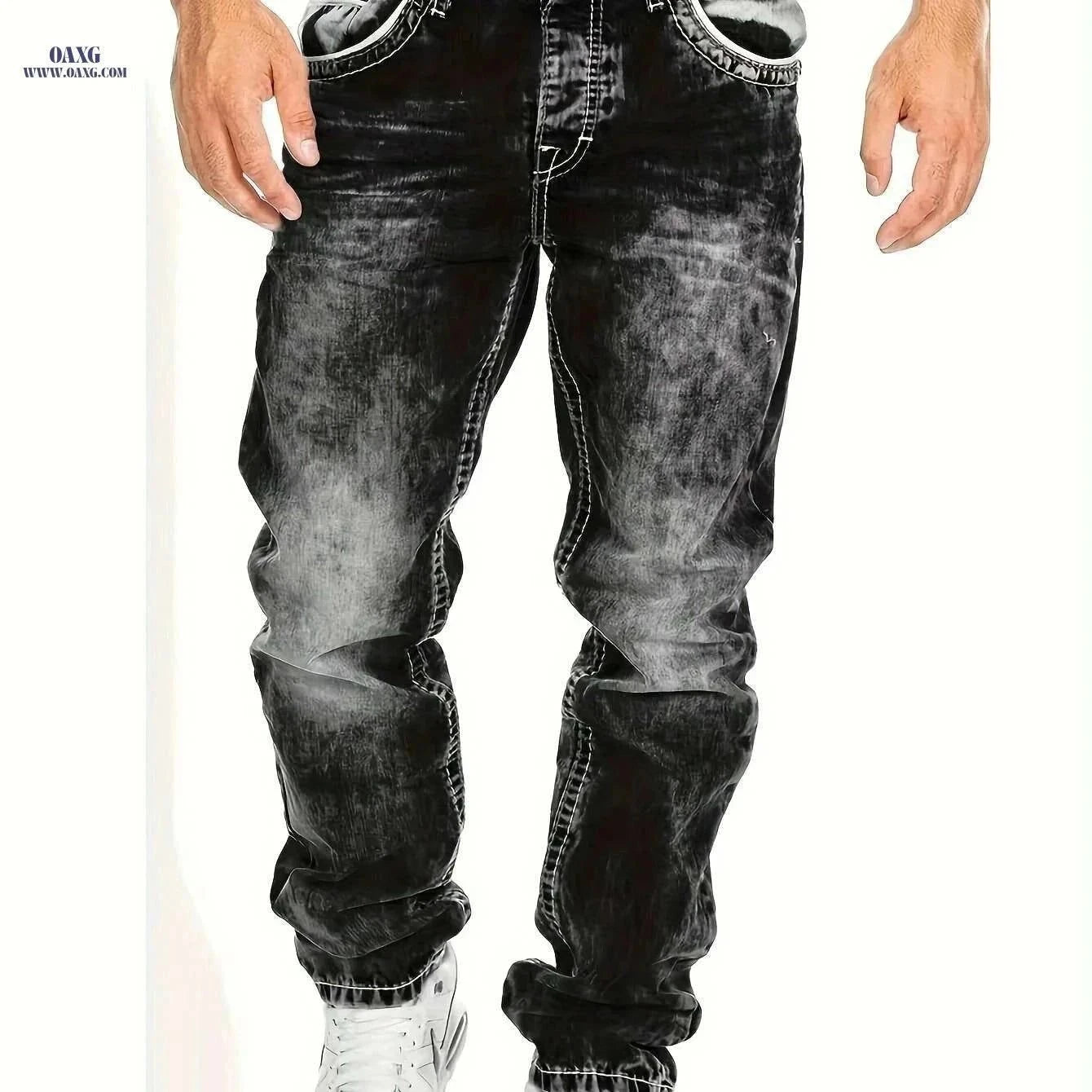 Men's Slim-Fit Distressed Jeans - All-Season Streetwear in Blue   OAXG Black / S