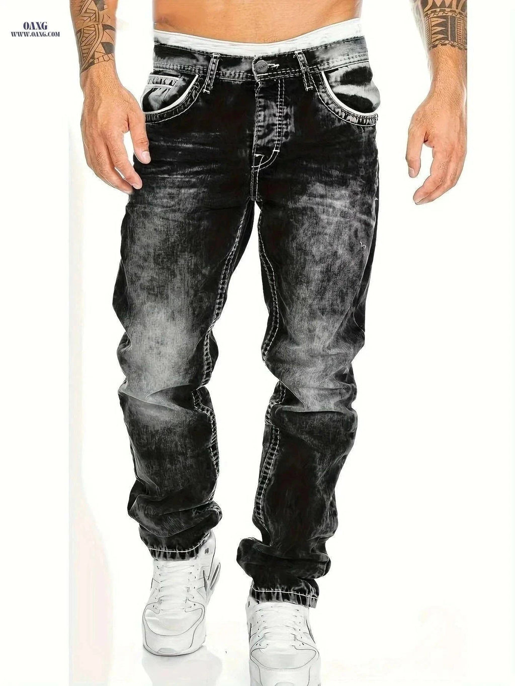Men's Slim-Fit Distressed Jeans - All-Season Streetwear in Blue   OAXG Black / S