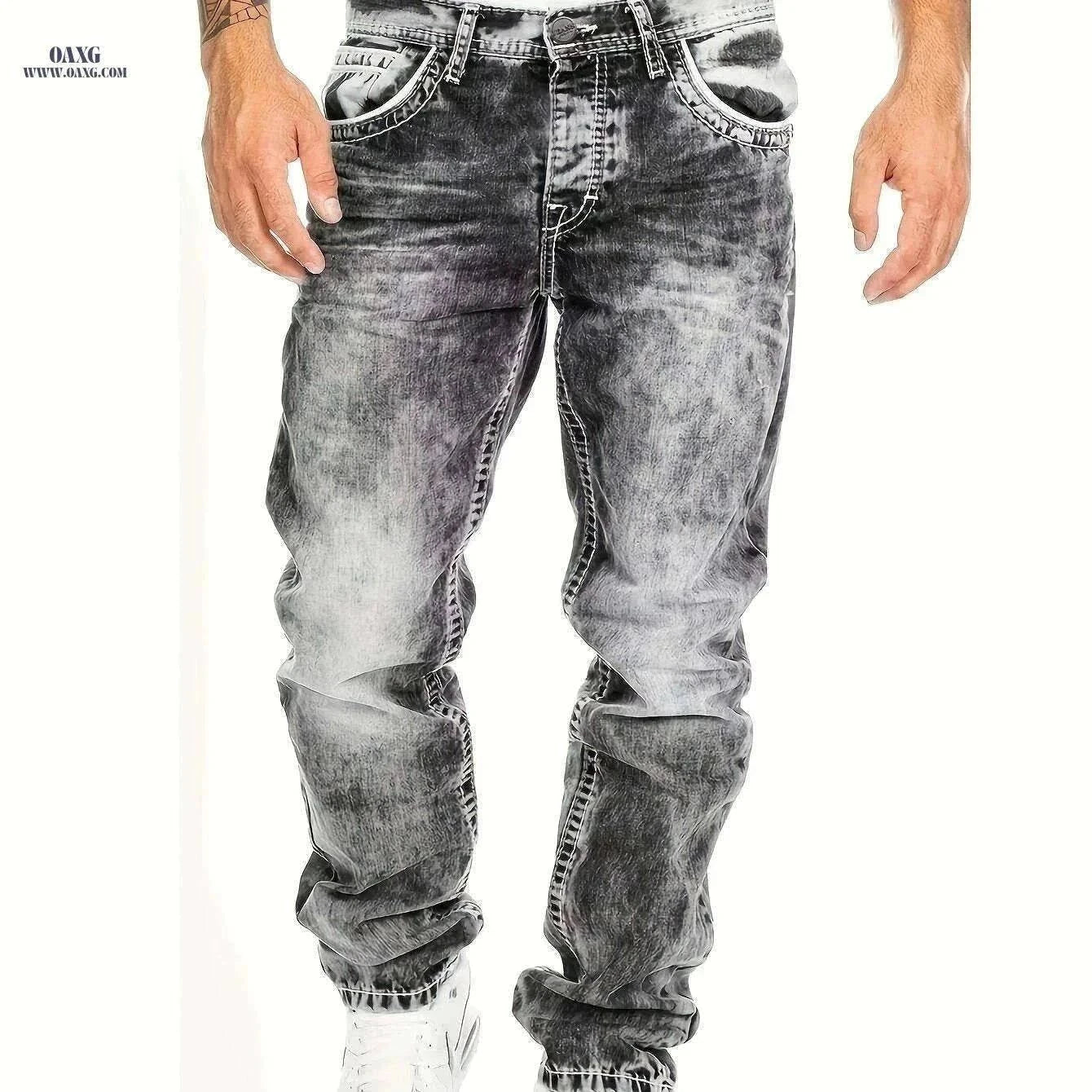 Men's Slim-Fit Distressed Jeans - All-Season Streetwear in Blue   OAXG Black / S