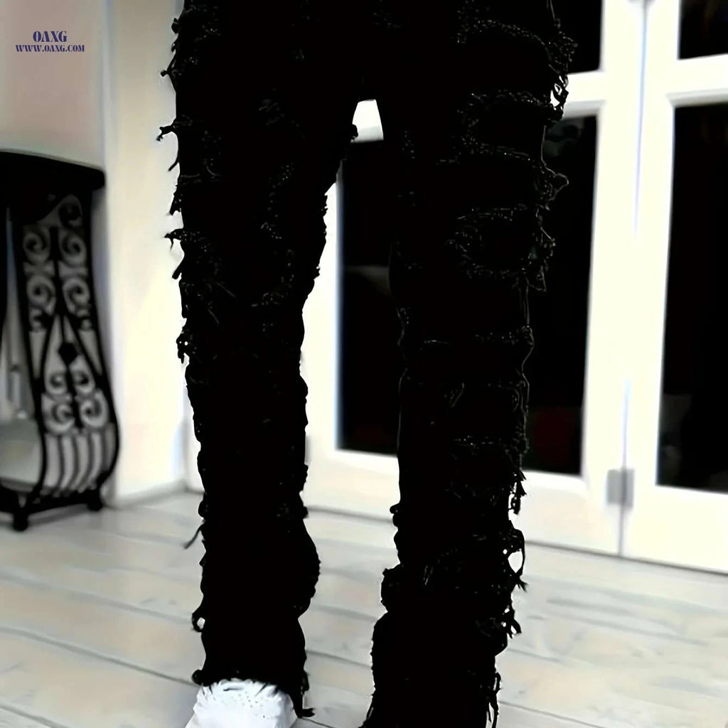 Men's Slim Fit Distressed Jeans - Ripped Holes & Patches, Mid-Rise   OAXG Black / XS