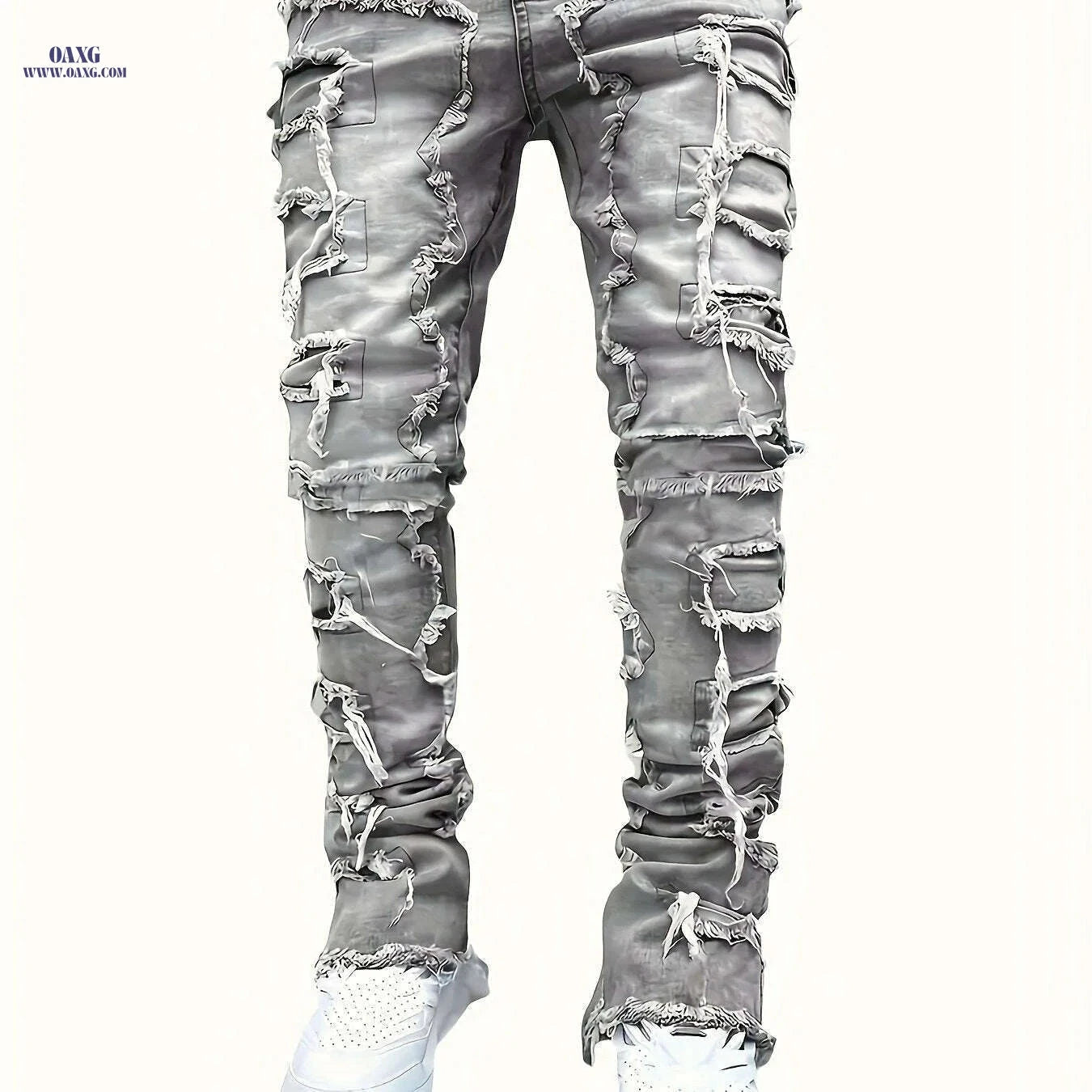 Men's Slim Fit Distressed Jeans - Ripped Holes & Patches, Mid-Rise   OAXG Black / XS