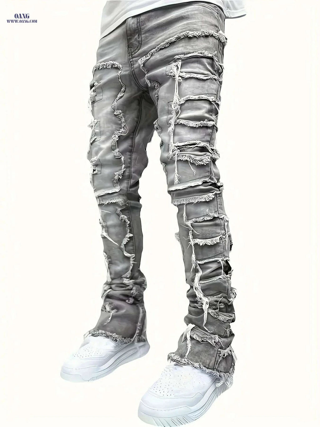 Men's Slim Fit Distressed Jeans - Ripped Holes & Patches, Mid-Rise   OAXG Black / XS