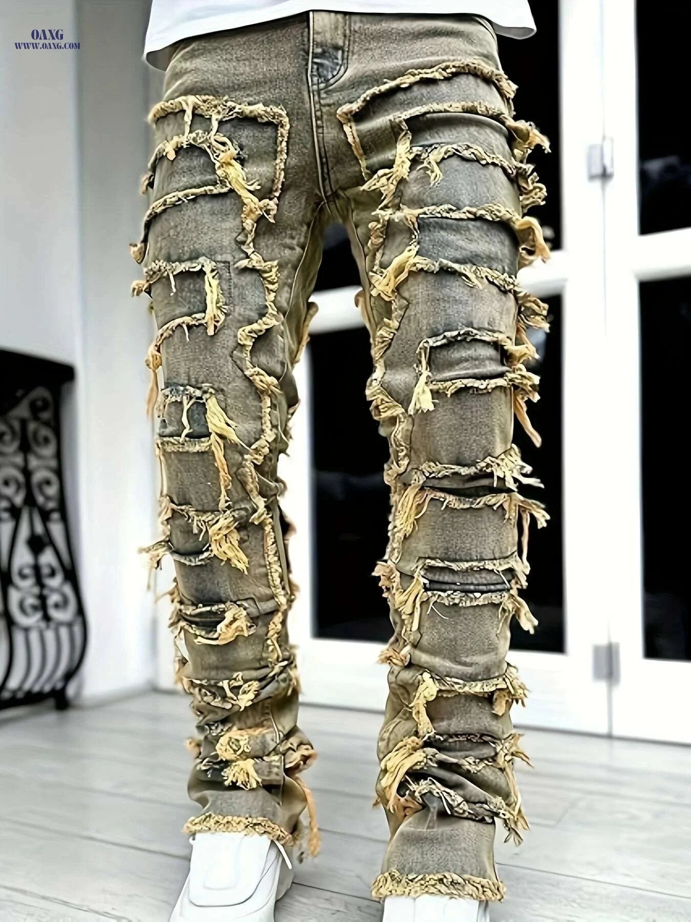 Men's Slim Fit Distressed Jeans - Ripped Holes & Patches, Mid-Rise   OAXG Black / XS