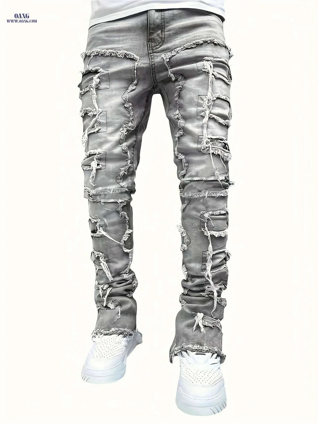 Men's Slim Fit Distressed Jeans - Ripped Holes & Patches, Mid-Rise   OAXG 