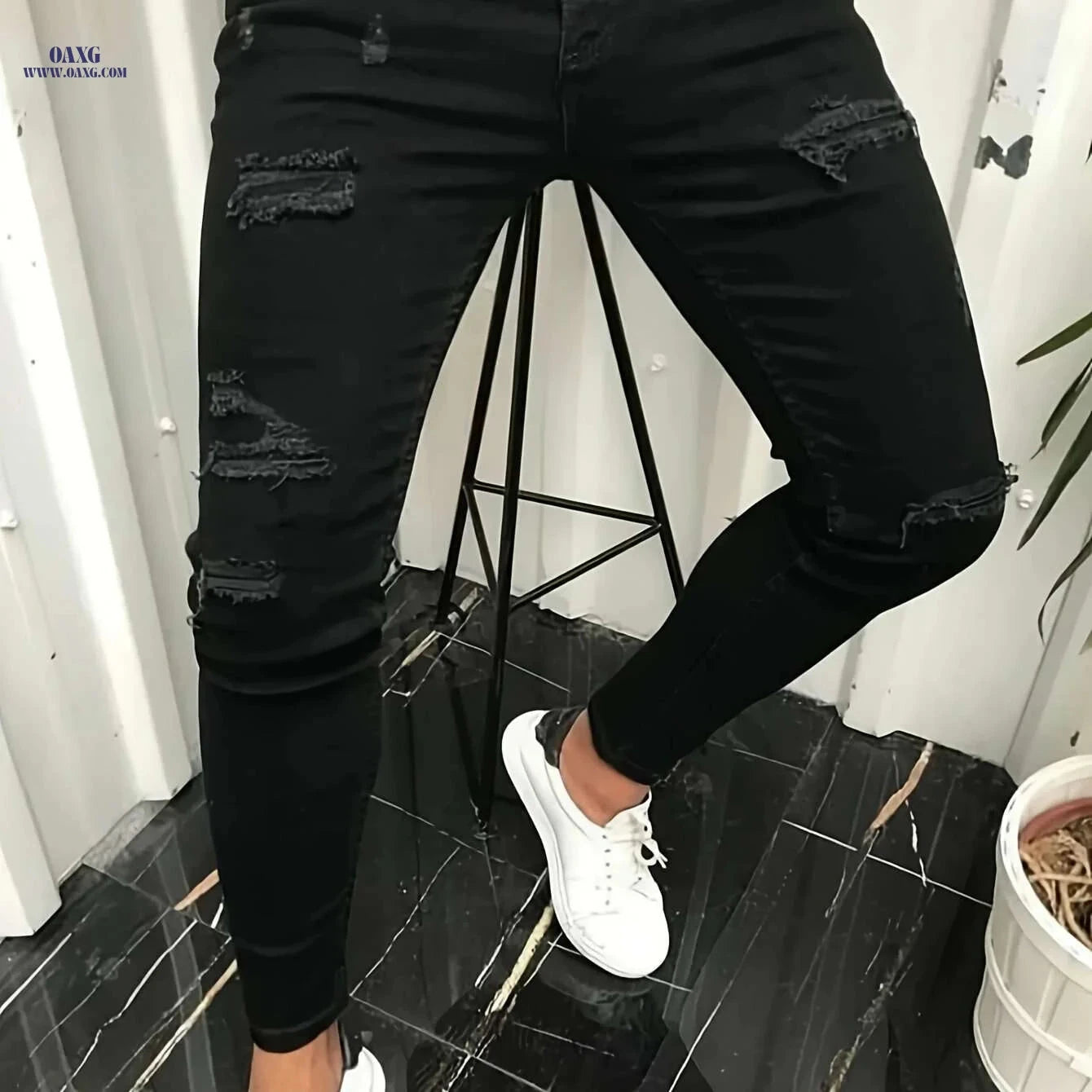 Men's Slim-Fit Distressed Ripped Jeans - Comfortable Stretch Denim Wear   OAXG 