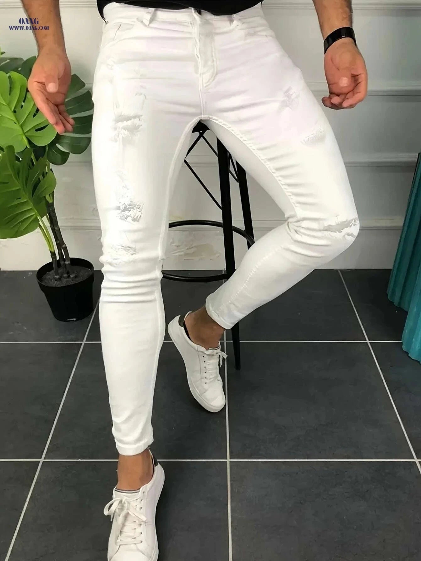 Men's Slim-Fit Distressed Ripped Jeans - Comfortable Stretch Denim Wear   OAXG 