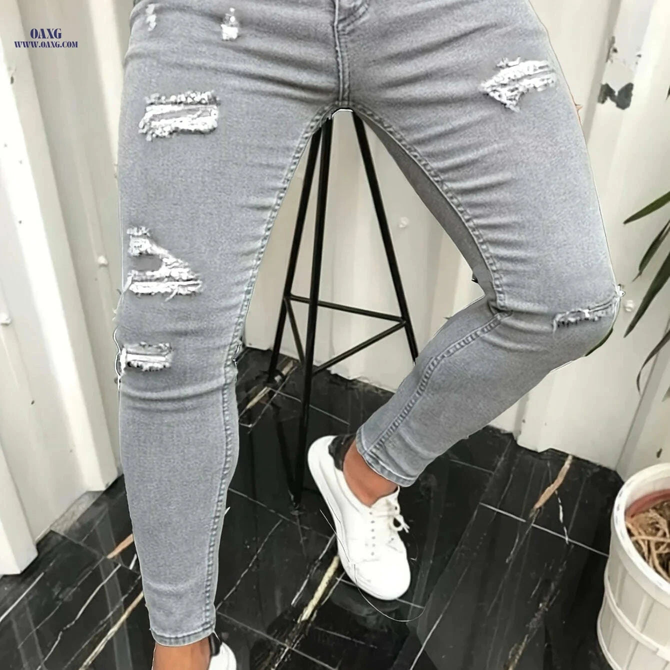 Men's Slim-Fit Distressed Ripped Jeans - Comfortable Stretch Denim Wear   OAXG 