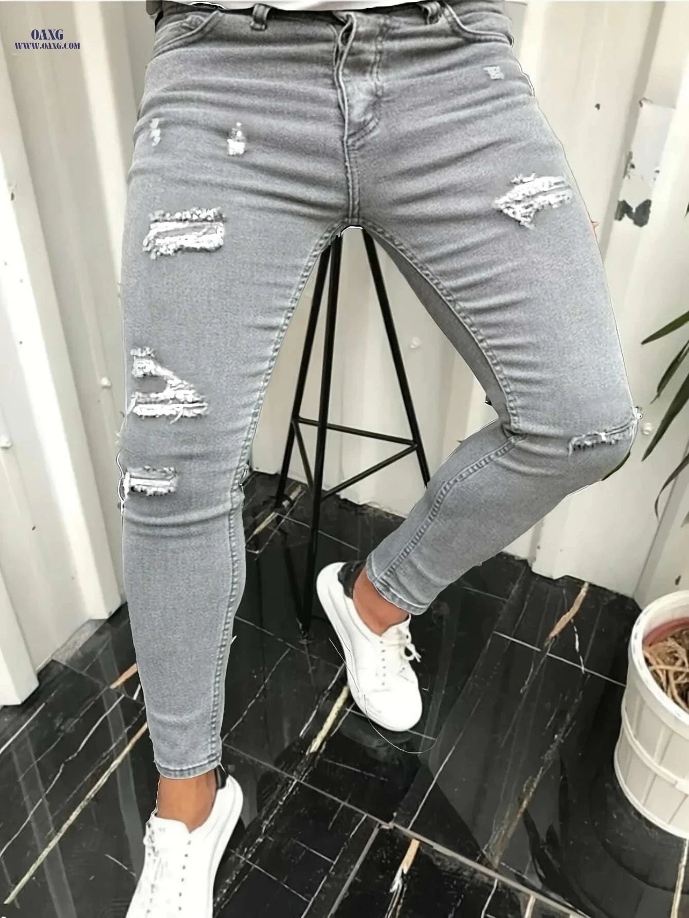 Men's Slim-Fit Distressed Ripped Jeans - Comfortable Stretch Denim Wear   OAXG 