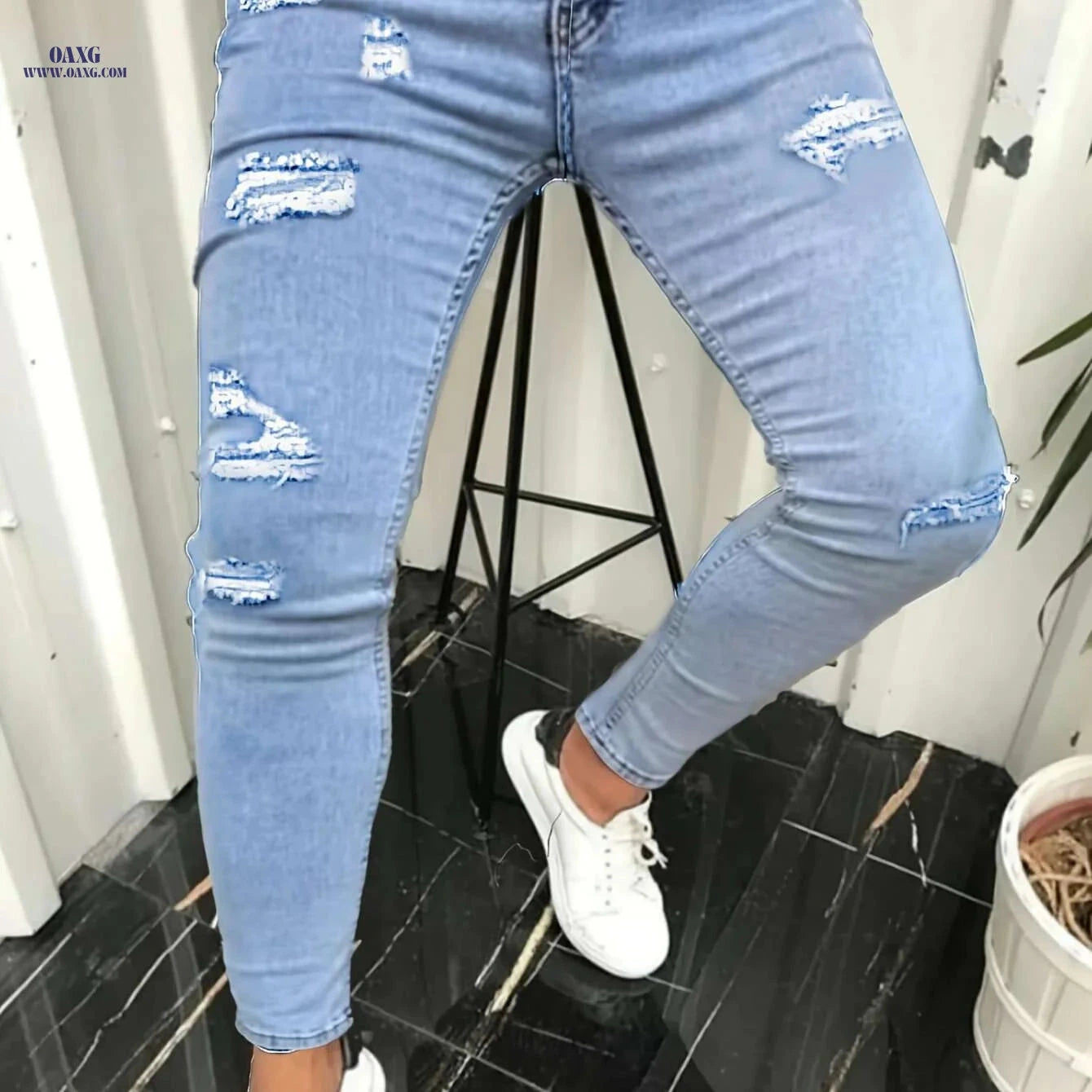 Men's Slim-Fit Distressed Ripped Jeans - Comfortable Stretch Denim Wear   OAXG Black / 28