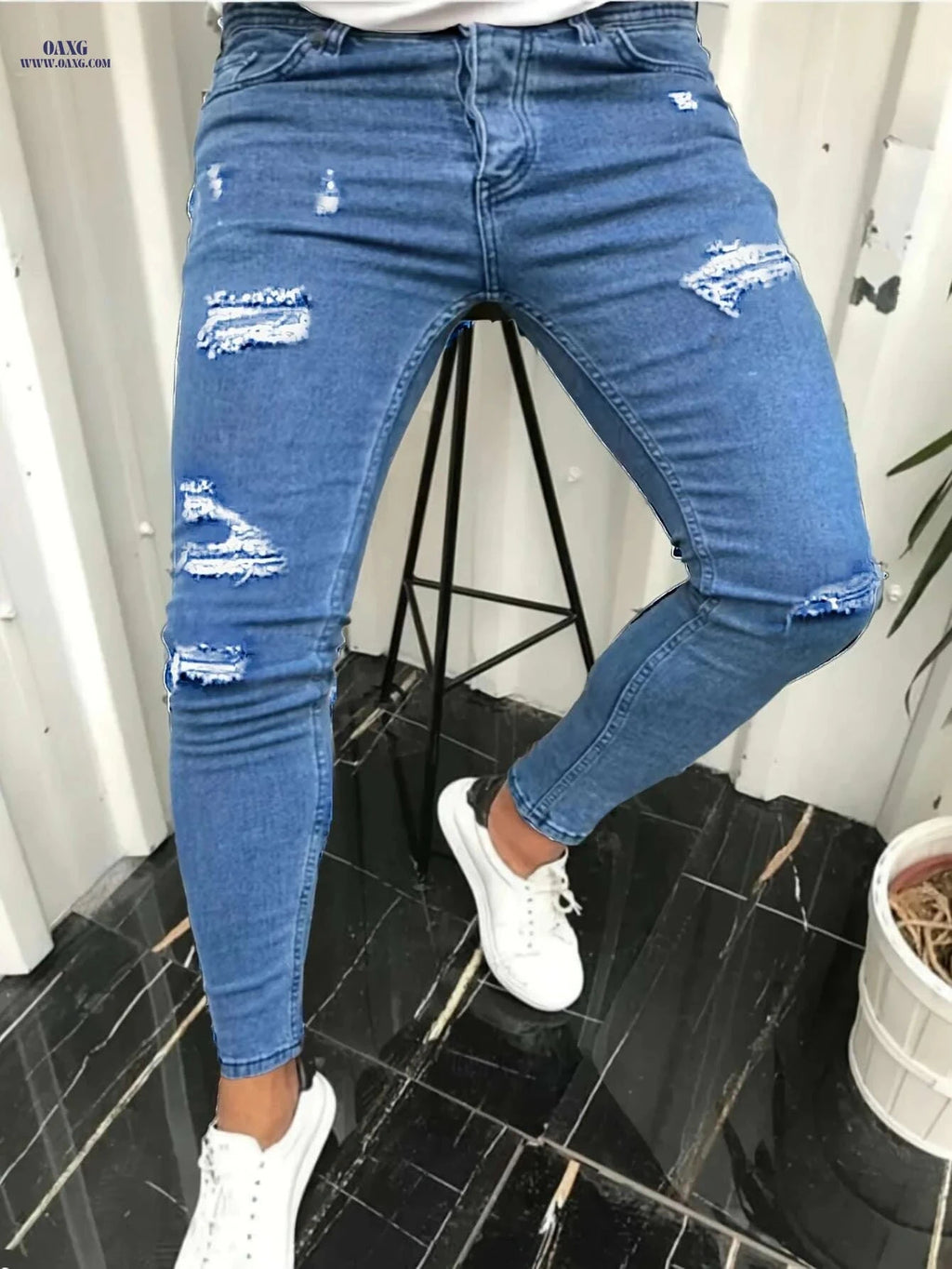 Men's Slim-Fit Distressed Ripped Jeans - Comfortable Stretch Denim Wear   OAXG Black / 28