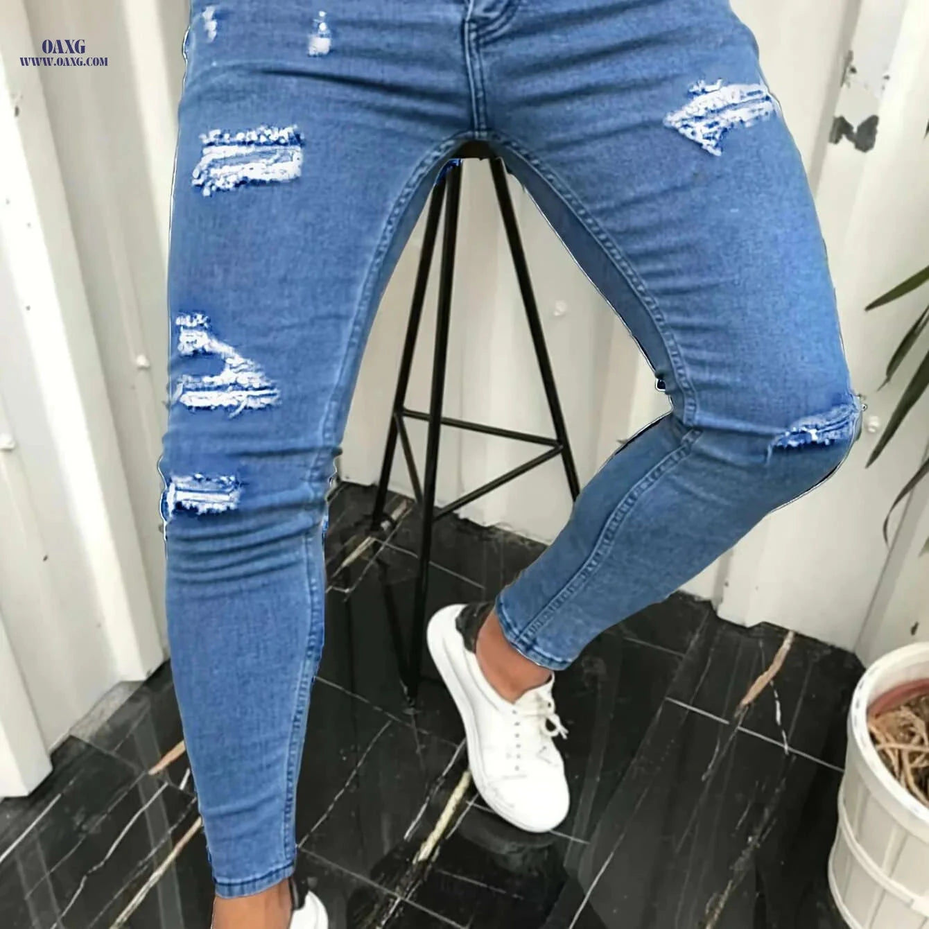 Men's Slim-Fit Distressed Ripped Jeans - Comfortable Stretch Denim Wear   OAXG Black / 28