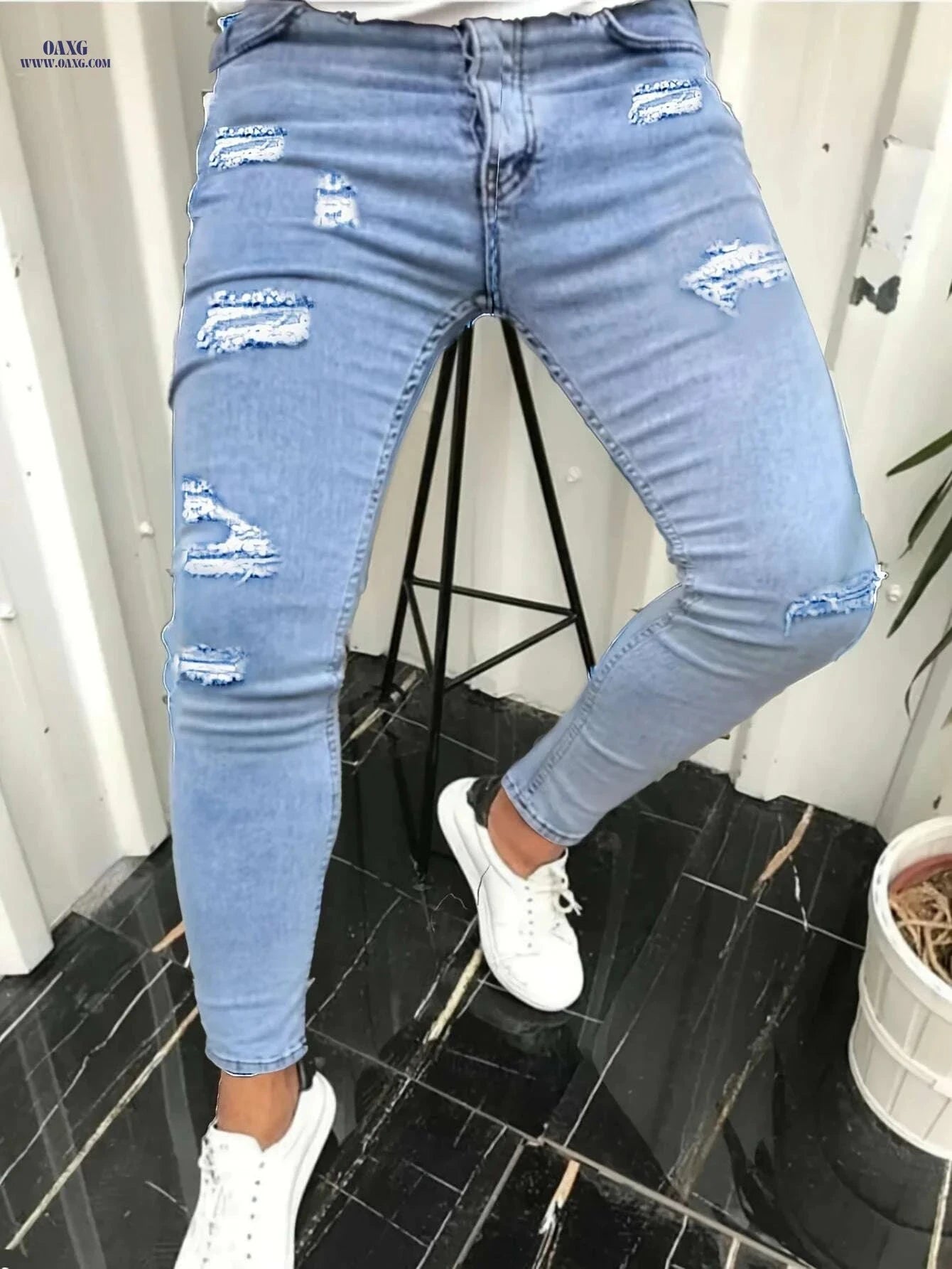 Men's Slim-Fit Distressed Ripped Jeans - Comfortable Stretch Denim Wear   OAXG Black / 28