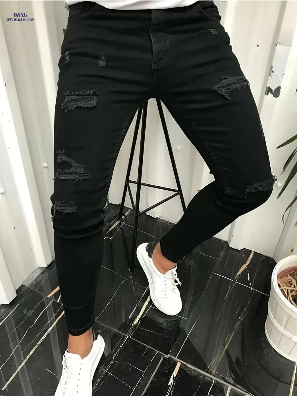 Men's Slim-Fit Distressed Ripped Jeans - Comfortable Stretch Denim Wear   OAXG 