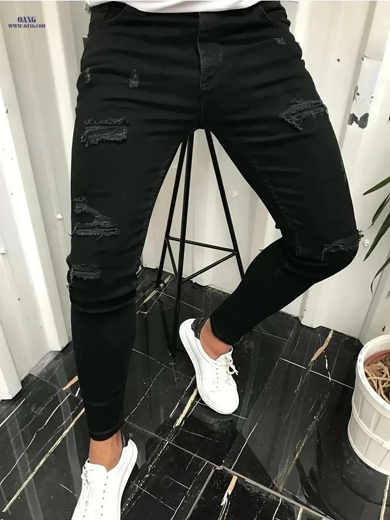 Men's Slim-Fit Distressed Ripped Jeans - Comfortable Stretch Denim Wear   OAXG 