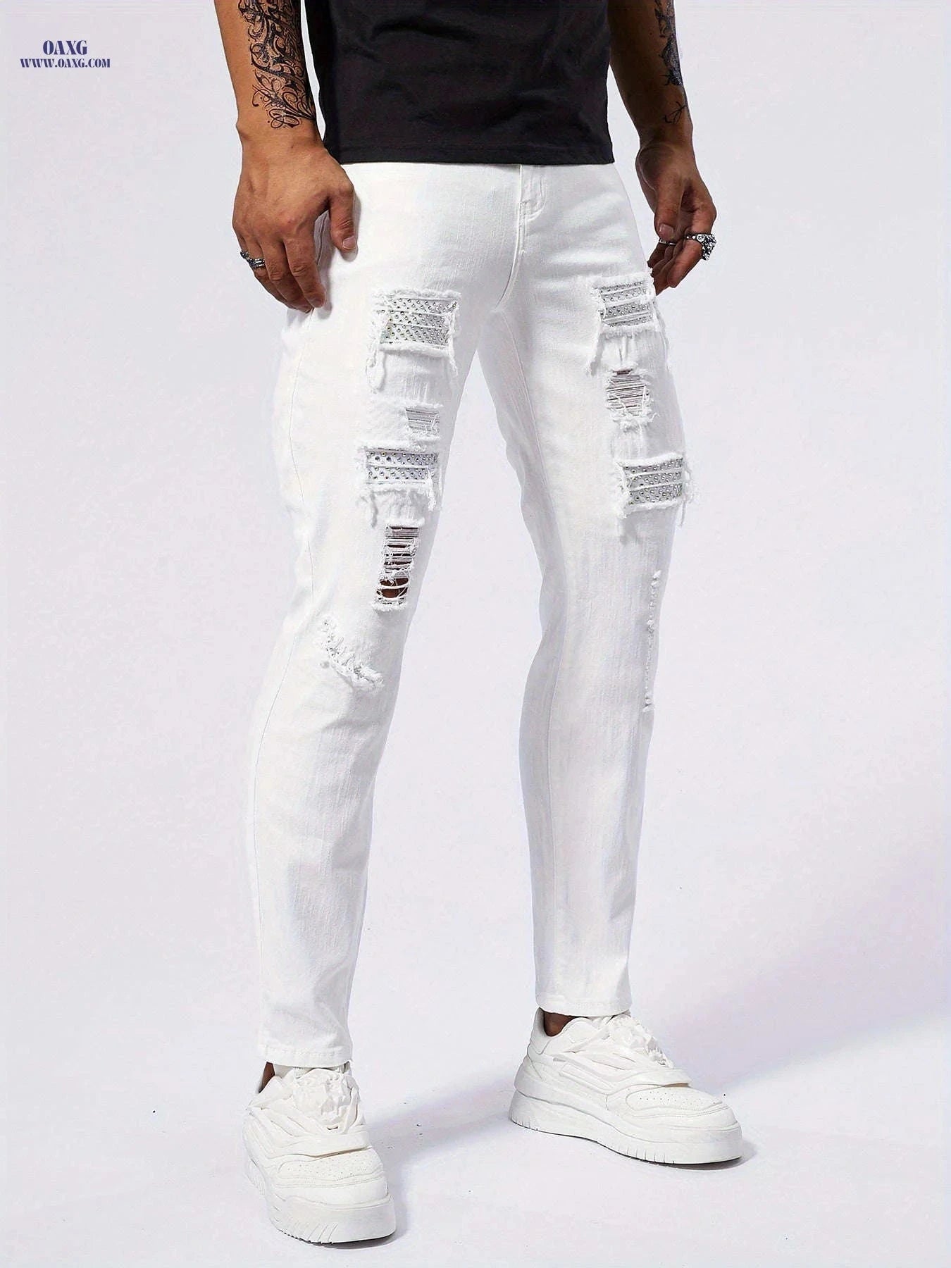 Men's Slim-Fit Distressed White Jeans - Stylish Rhinestone Stitching   OAXG 